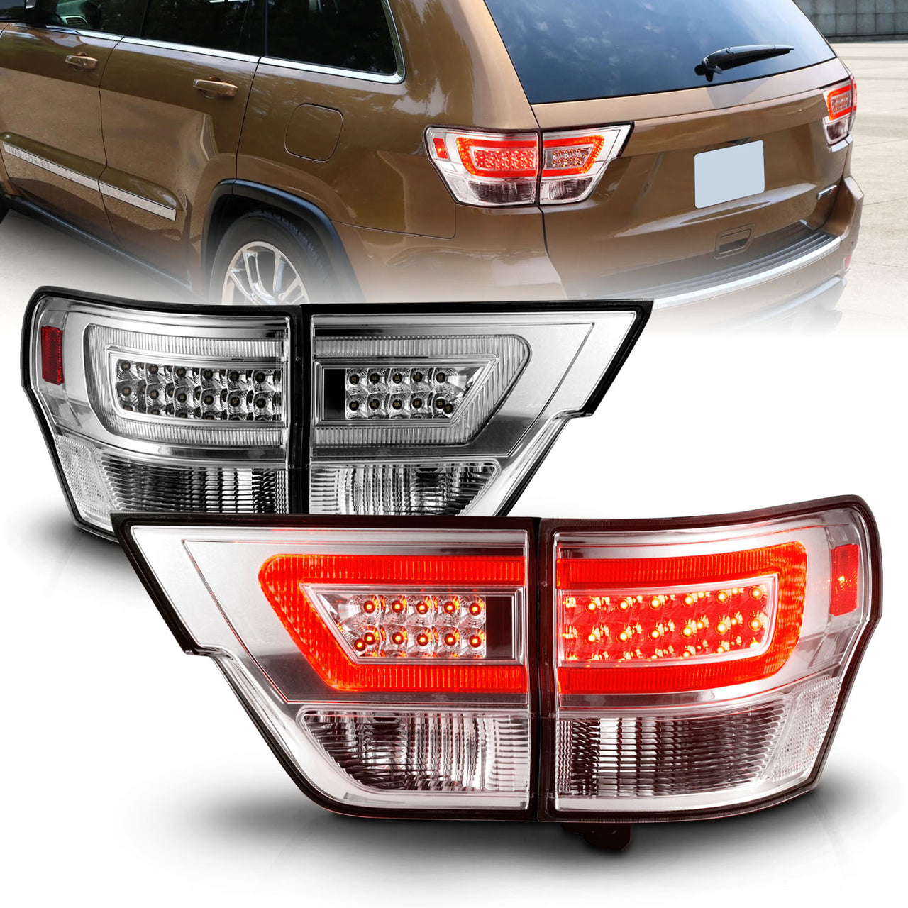 JEEP GRAND CHEROKEE 11-13 LED TAIL LIGHTS 4PCS CHROME HOUSING CLEAR LENS W/ C LIGHT BAR