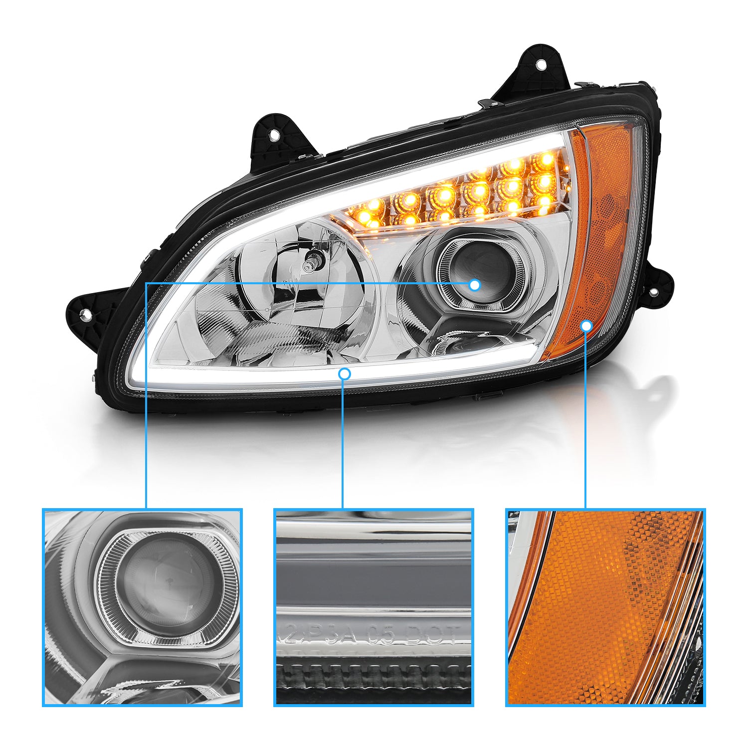 Kenworth T660 08 UP  PROJECTOR PLANK STYLE H.L CHROME AMBER REFLECTOR