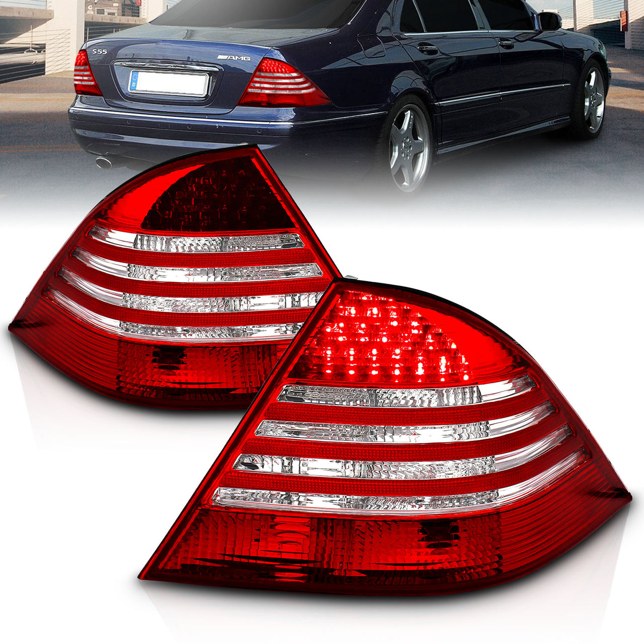 MBZ S CLASS W220 00-05 LED TAIL LIGHTS RED/CLEAR