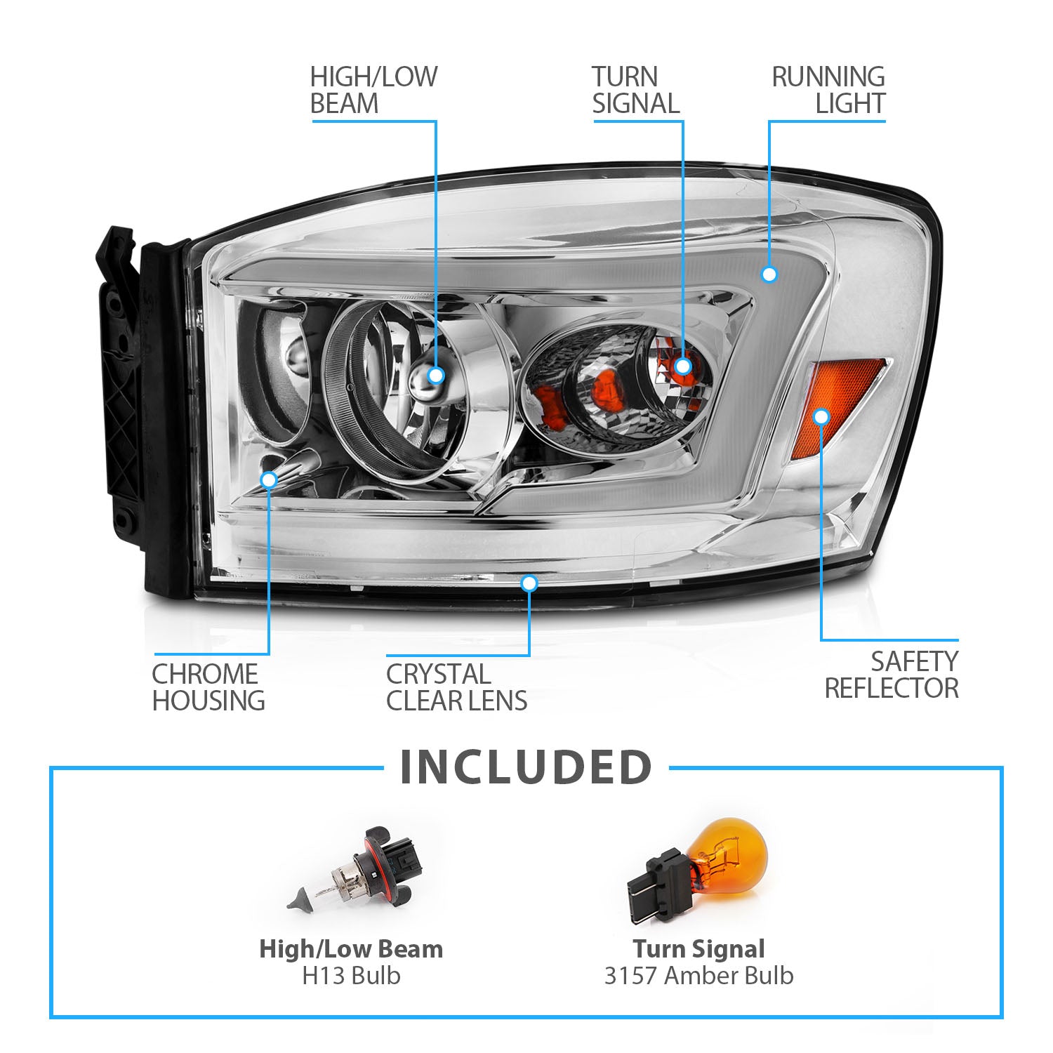 DODGE RAM 1500 06-08/ 2500/3500 06-09   SWITCHBACK HEADLIGHTS CHROME AMBER (W/ C LIGHT BAR)