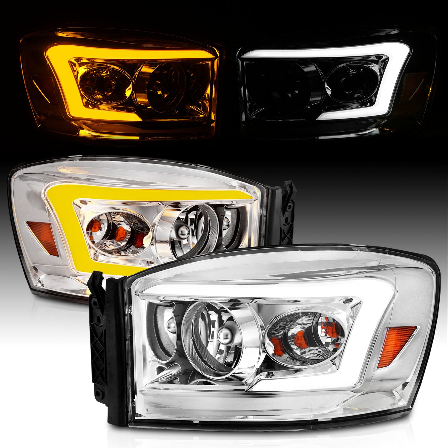DODGE RAM 1500 06-08/ 2500/3500 06-09   SWITCHBACK HEADLIGHTS CHROME AMBER (W/ C LIGHT BAR)