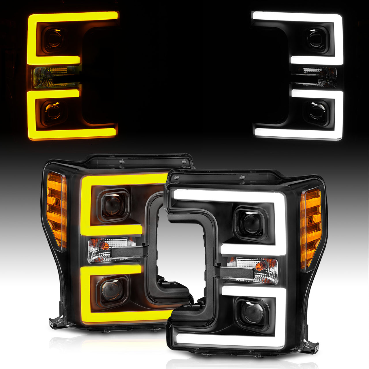 FORD F-250/F350/F450 17 UP PROJECTOR LIGHT BAR STYLE SWITCHBACK HEADLIGHTS BLACK AMBER