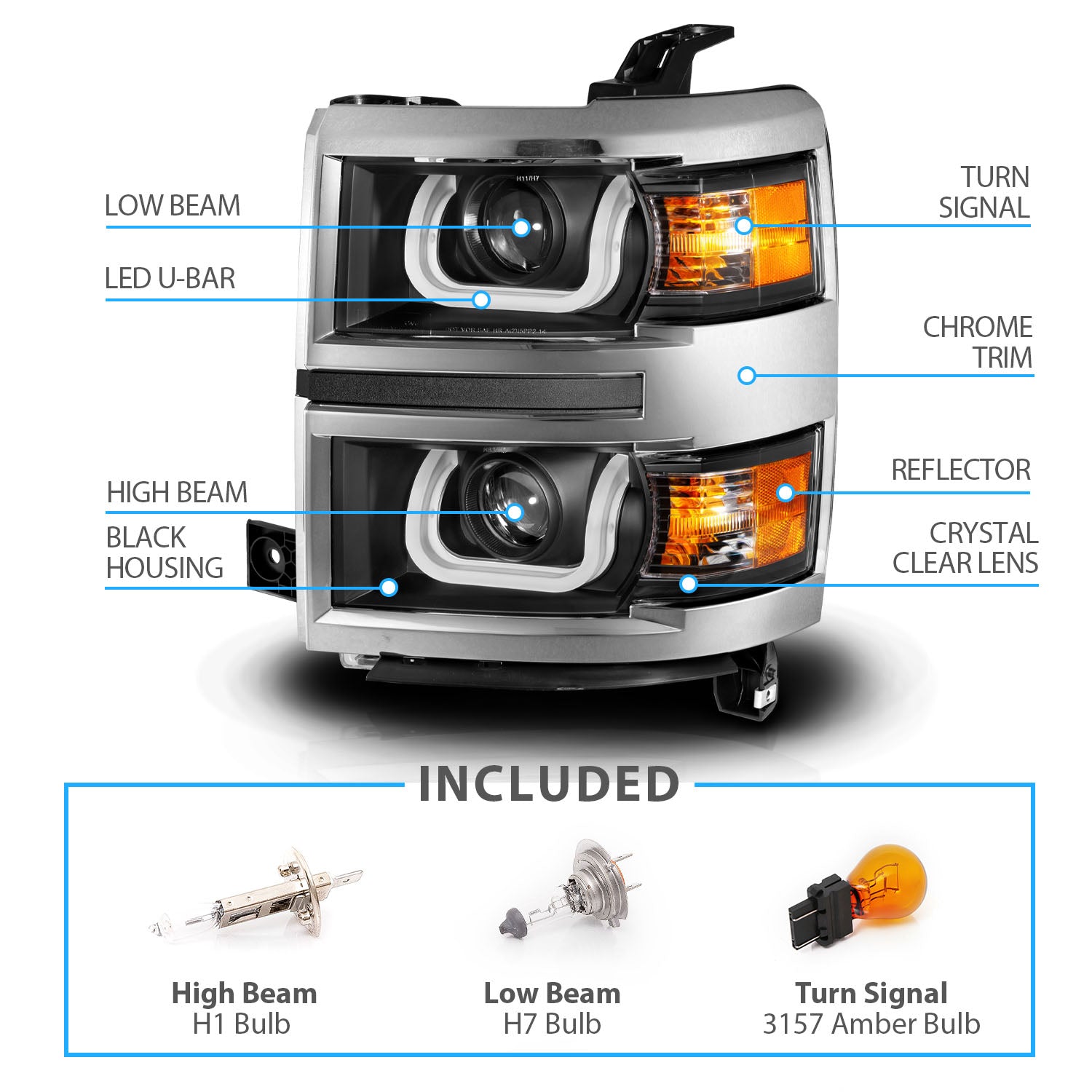 CHEVY SILVERADO 14 PROJECTOR U-BAR STYLE HEADLIGHTS BLACK CLEAR W/ CHROME TRIM AMBER