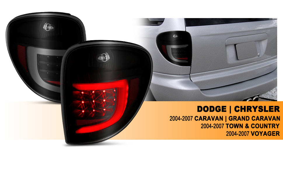 DODGE GRAND CARAVAN; CRYSLER TOWN&COUNTRY 04-07 L.E.D T.L BLACK HOUSING SMOKE LENS W/ C LIGHT BAR