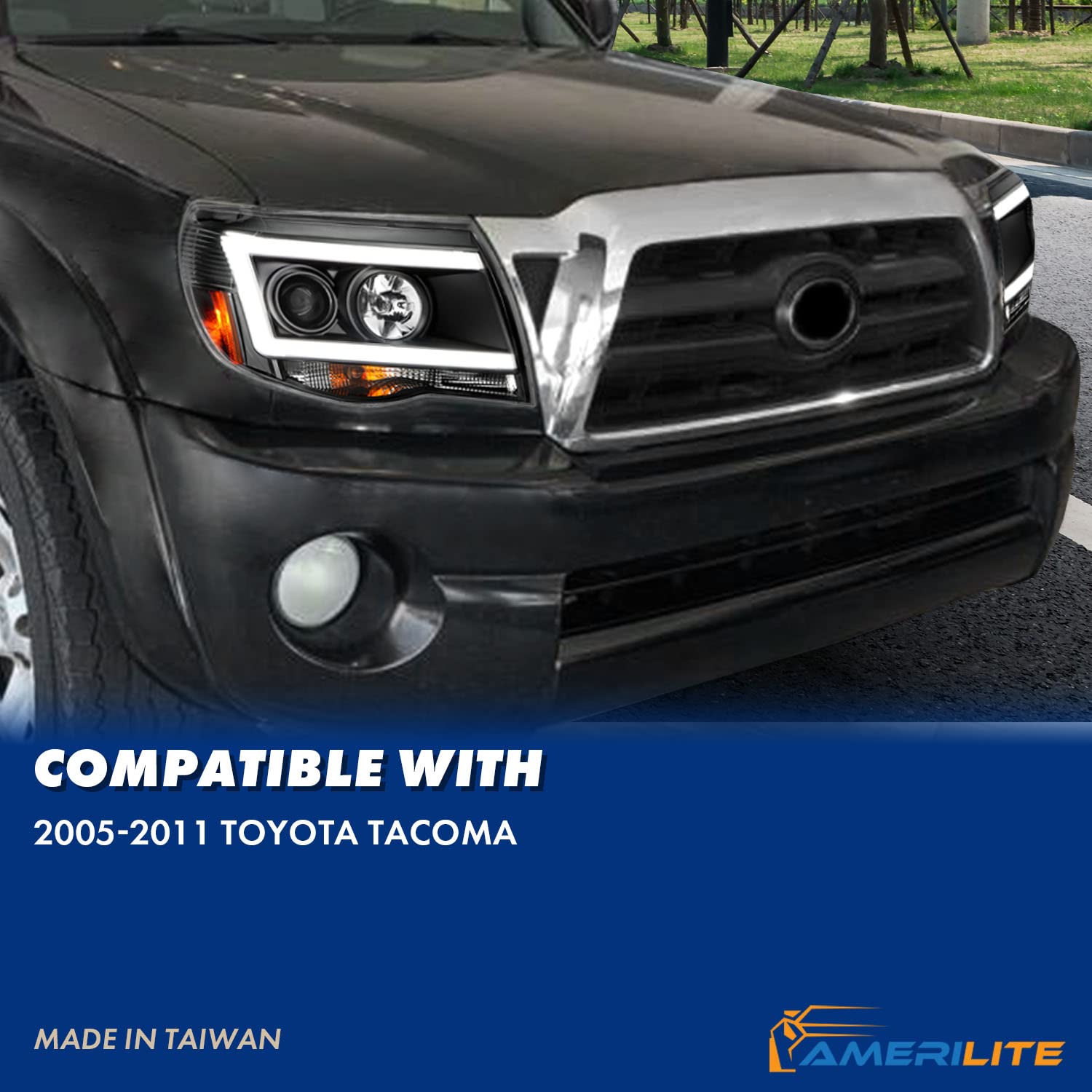 TOYOTA TACOMA 05-11 PROJECTOR LIGHT BAR STYLE HEADLIGHTS BLACK CLEAR AMBER  (W/ C LIGHT BAR)