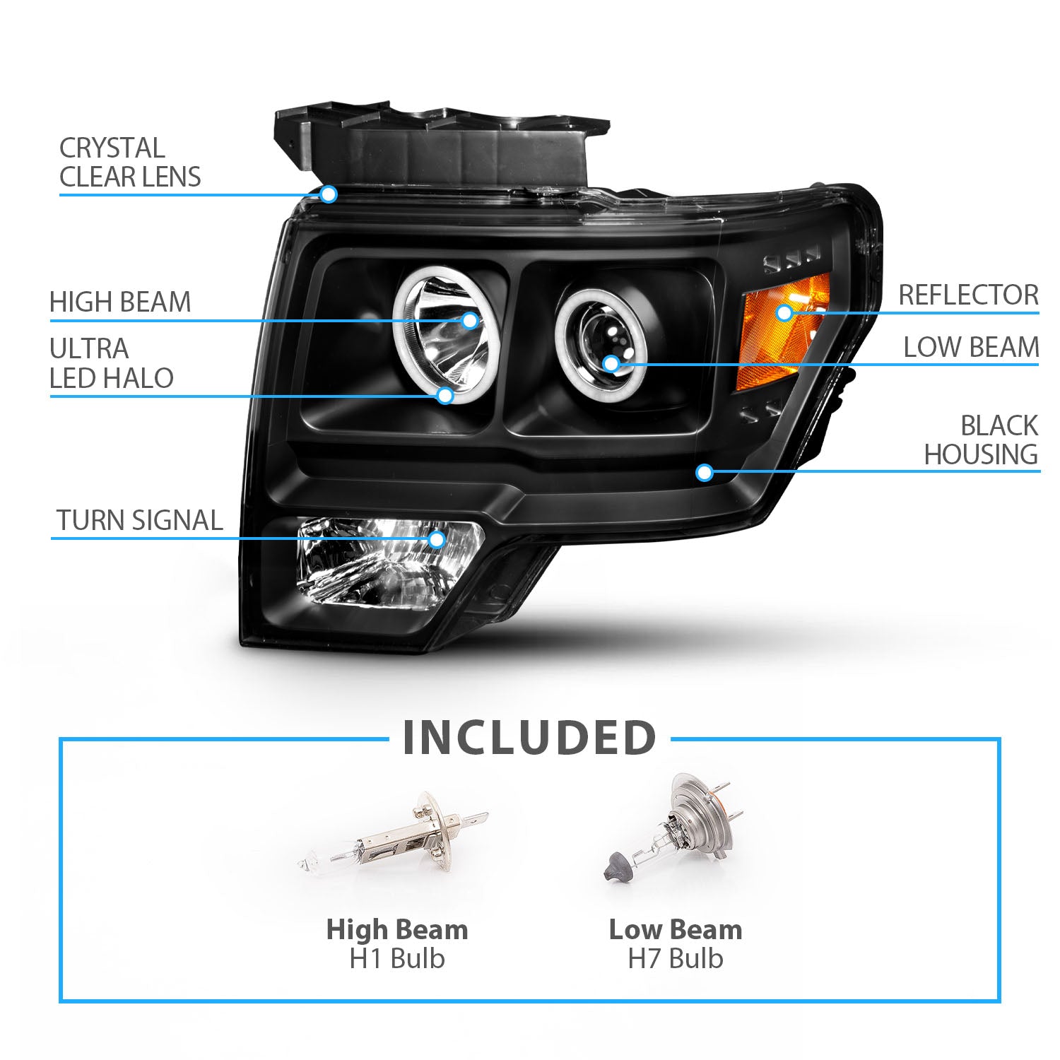 FORD F-150 09-13 PROJECTOR HEADLIGHTS HALO LED BLACK AMBER (RX HALO)