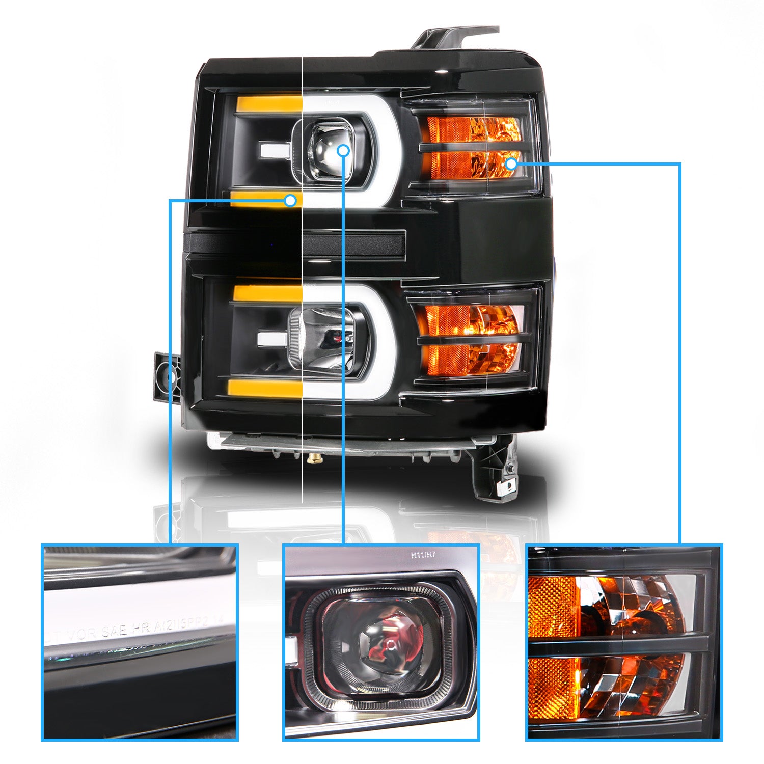 CHEVY SILVERADO 14-15 PROJECTOR HEADLIGHTS BLACK HOUSING CLEAR LENS SEQUENTIAL LIGHT BAR