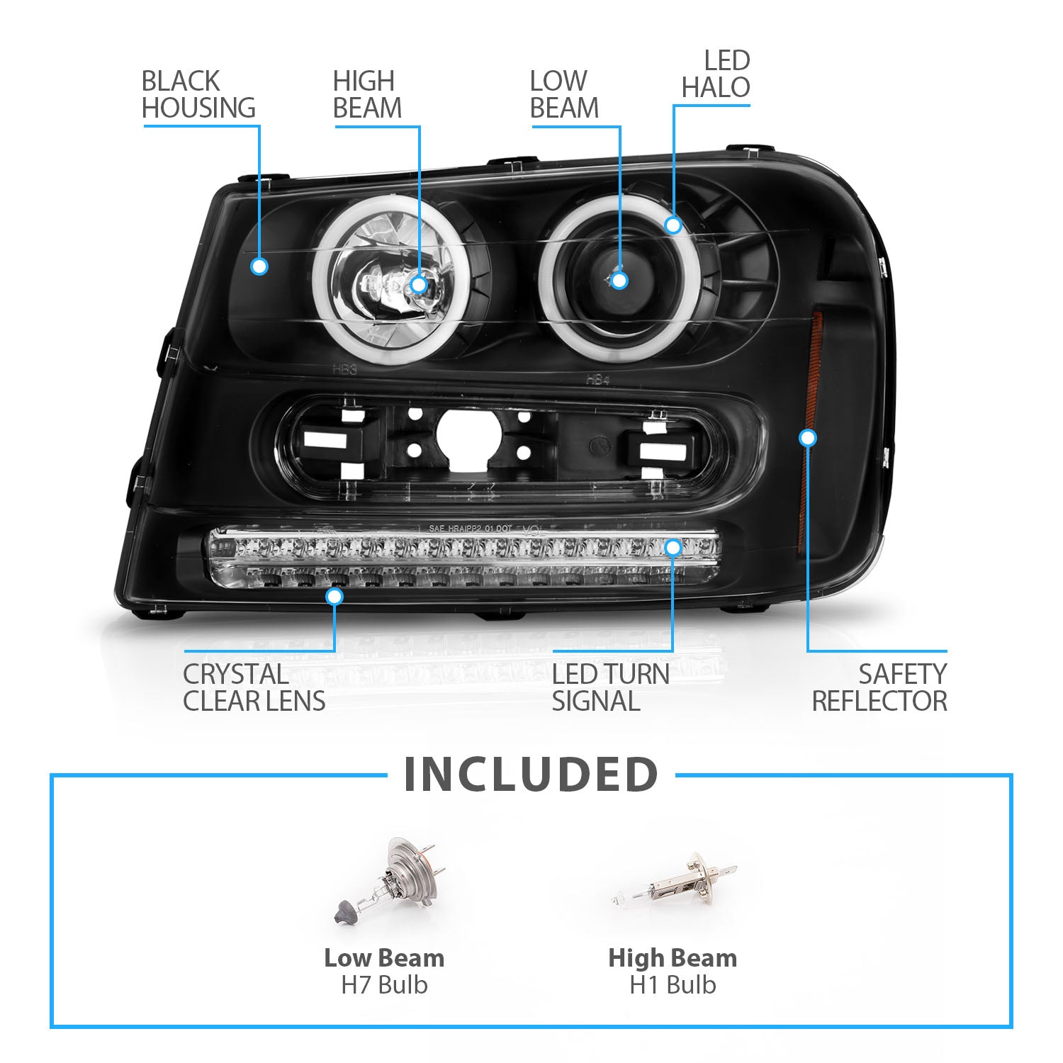 CHEVY TRAILBLAZER 02-05 PROJECTOR HEADLIGHTS HALO BLACK CLEAR AMBER (RX HALO)