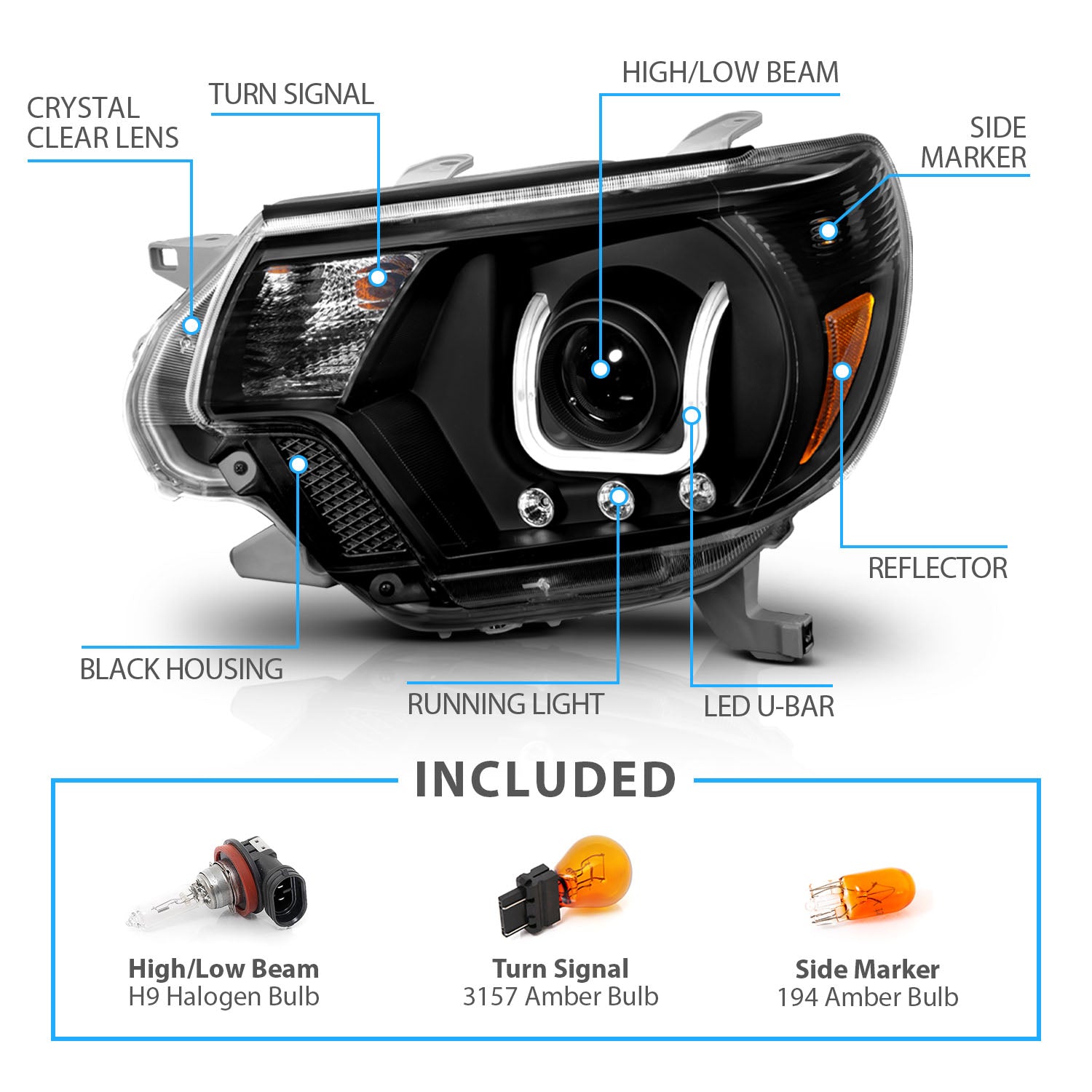 TOYOTA TACOMA 2012 PROJECTOR U-BAR STYLE HEADLIGHTS BLACK CLEAR AMBER