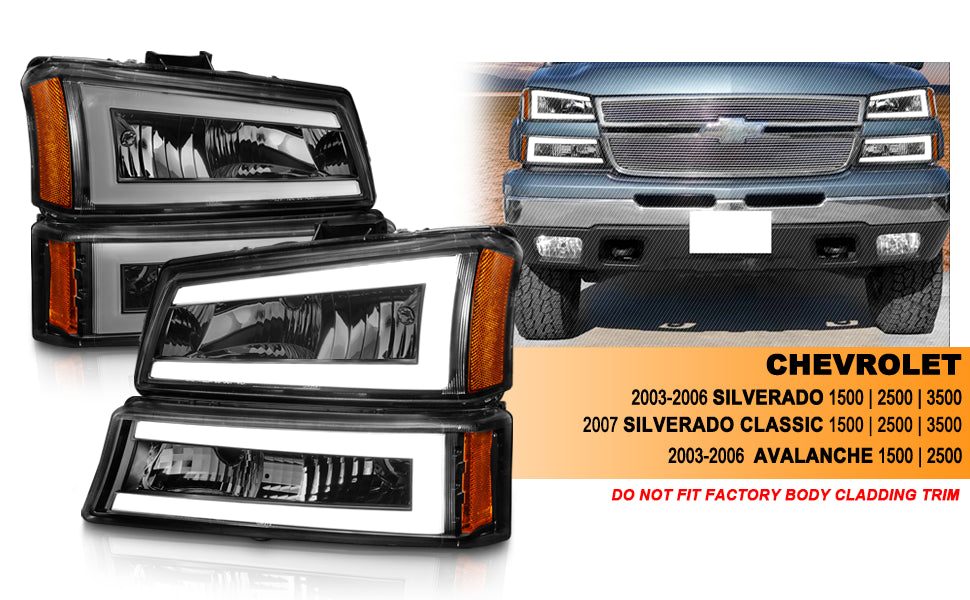 CHEVY SILVERADO 03-07/ AVALANCHE 02-06 HEADLIGHTS W/ SIGNAL LIGHT BLACK HOUSING AMBER (4 PCS) (W/ C LIGHT BAR) W/O BODY CLADDING