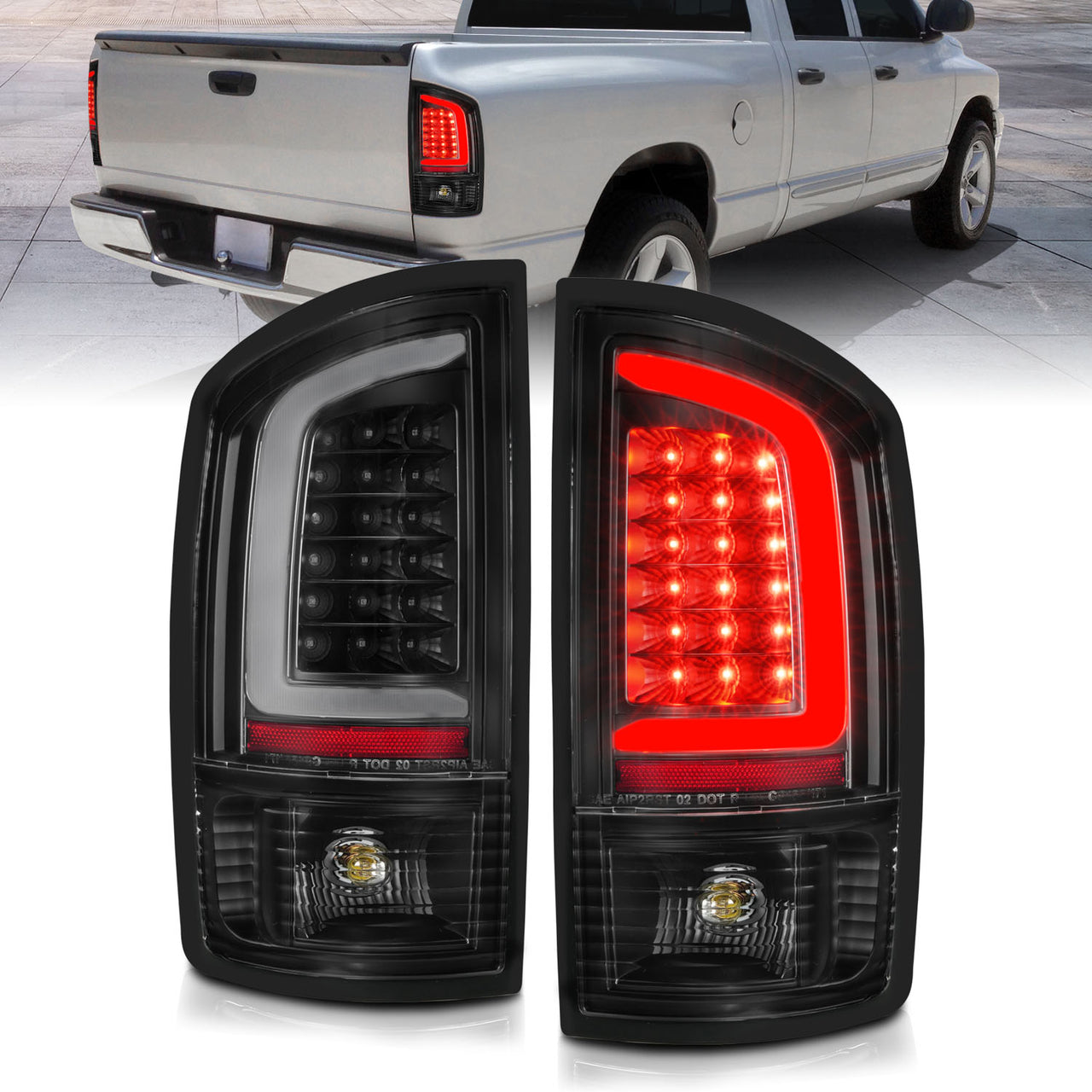 DODGE RAM 1500 02-05 / 2500/3500 02-06 LED TAIL LIGHTS BLACK HOUSING CLEAR LENS W/ C LIGHT BAR