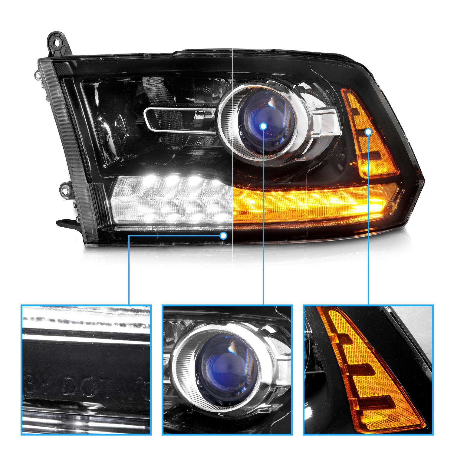 DODGE RAM 09-18 PROJECTOR PLANK STYLE SWITCHBACK H.L BLACK AMBER (OE STYLE) (LIGHT BLACK) (ALL MODEL)