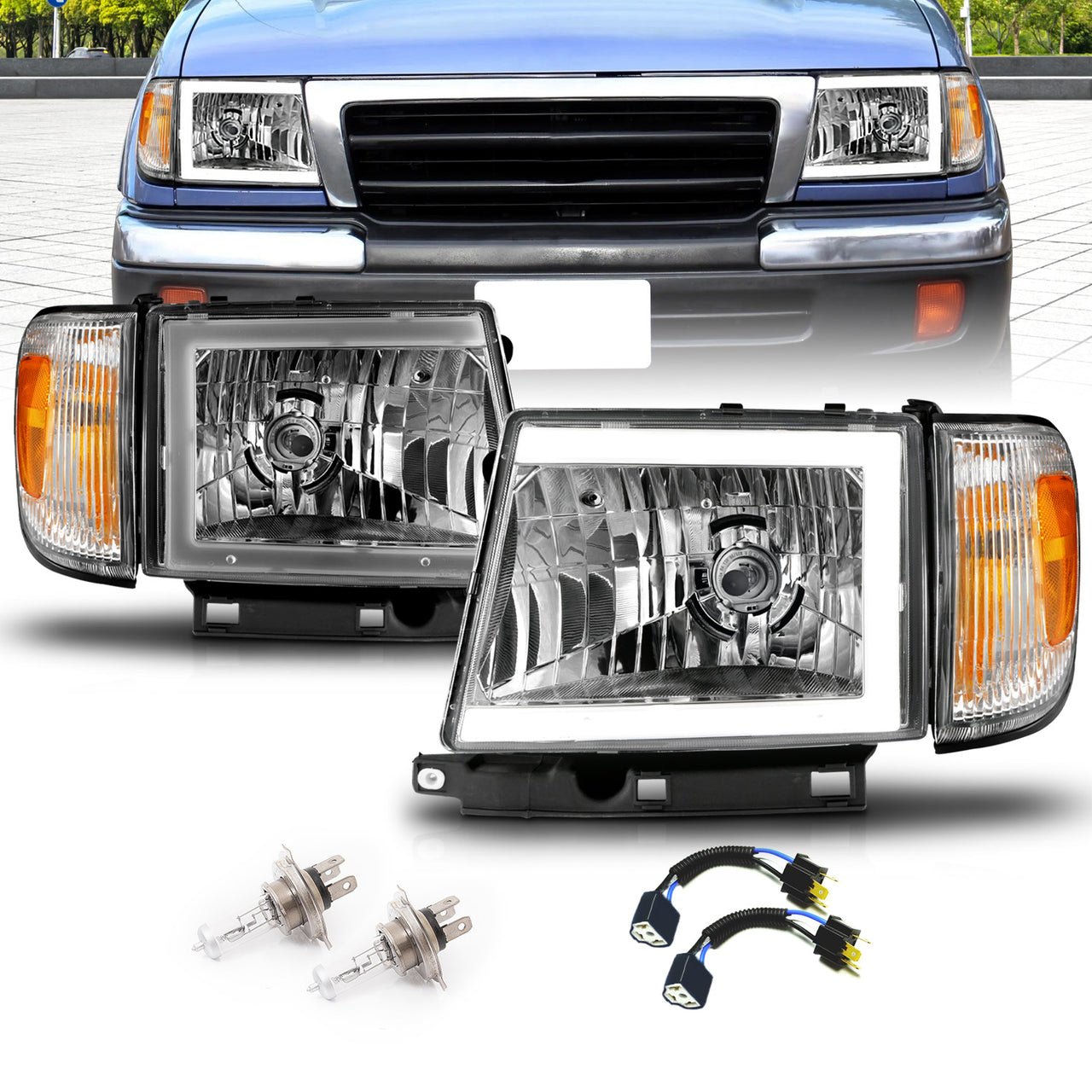 TOYOTA TACOMA 2WD  (W/O PRERUNNER) 97-00 HEADLIGHTS CHROME (W/SIDE MARKERS) (W/ C LIGHT BAR)