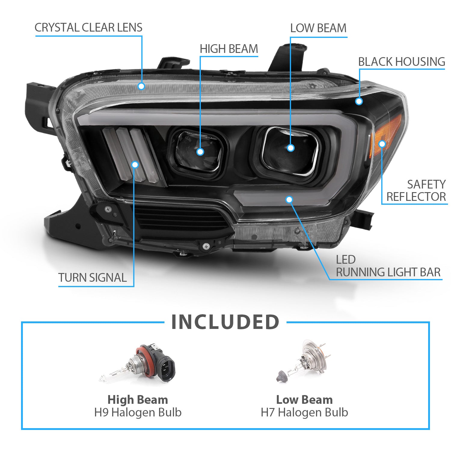 TOYOTA TACOMA 16-23 PROJECTOR LIGHT BAR STYLE HEADLIGHTS BLACK AMBER