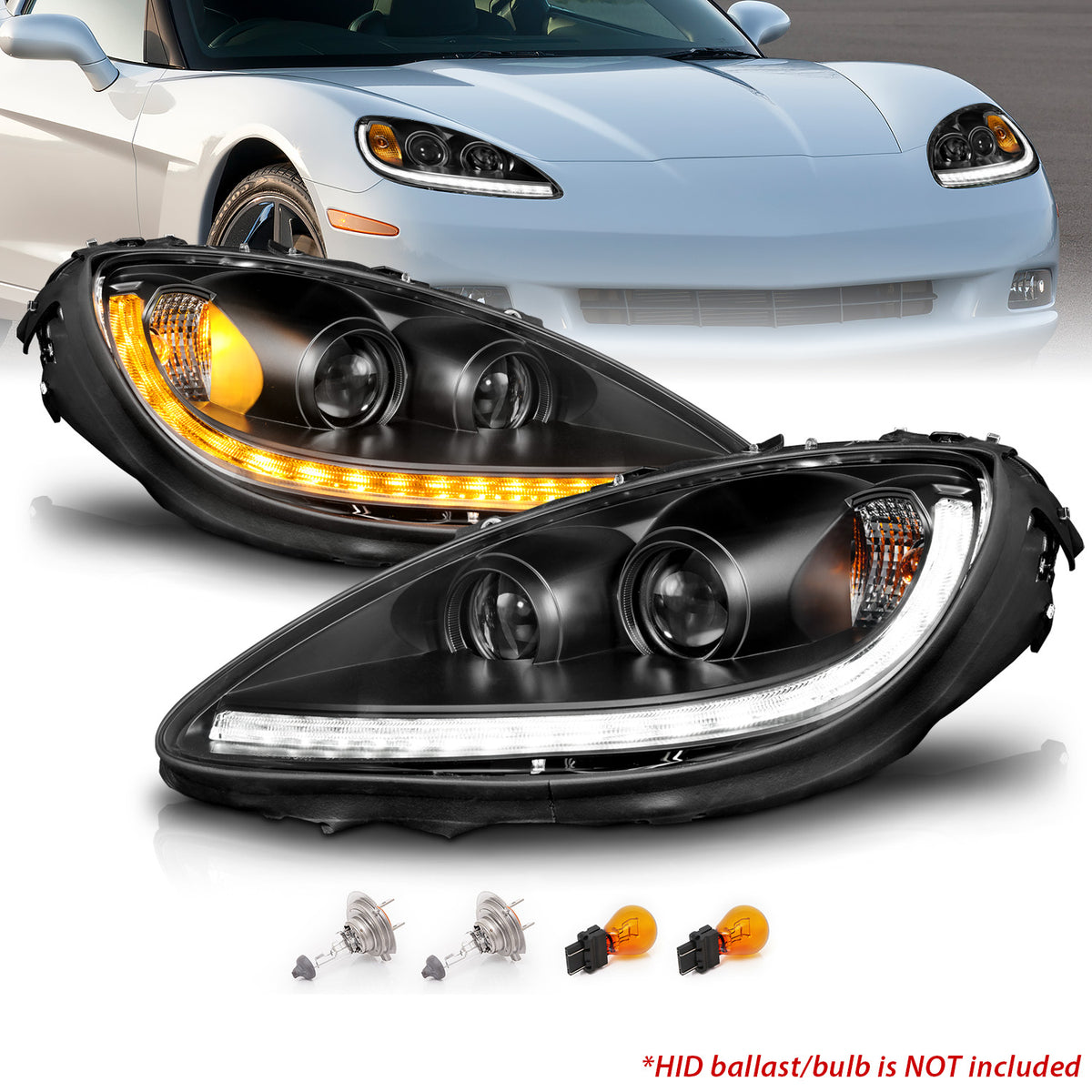 CHEVY CORVETTE 05-13 PROJECTOR SEQUENTIAL LIGHT BAR HEADLIGHTS BLACK AMBER(W/ DRL)(W/O HID KITS)