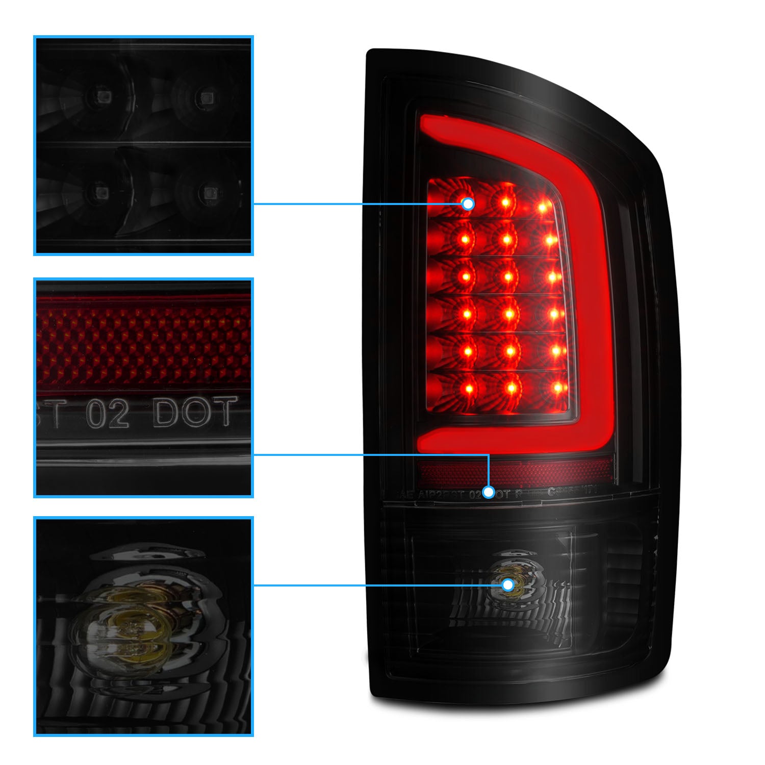 DODGE RAM 1500 02-05 / 2500/3500 02-06 LED TAIL LIGHTS BLACK HOUSING SMOKE LENS W/ C LIGHT BAR