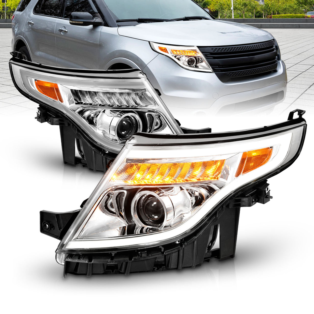 FORD EXPLORER 11-15 (13-15 BASE, XLT, LIMITED) PROJECTOR LIGHT BAR STYLE HEADLIGHTS CHROME AMBER