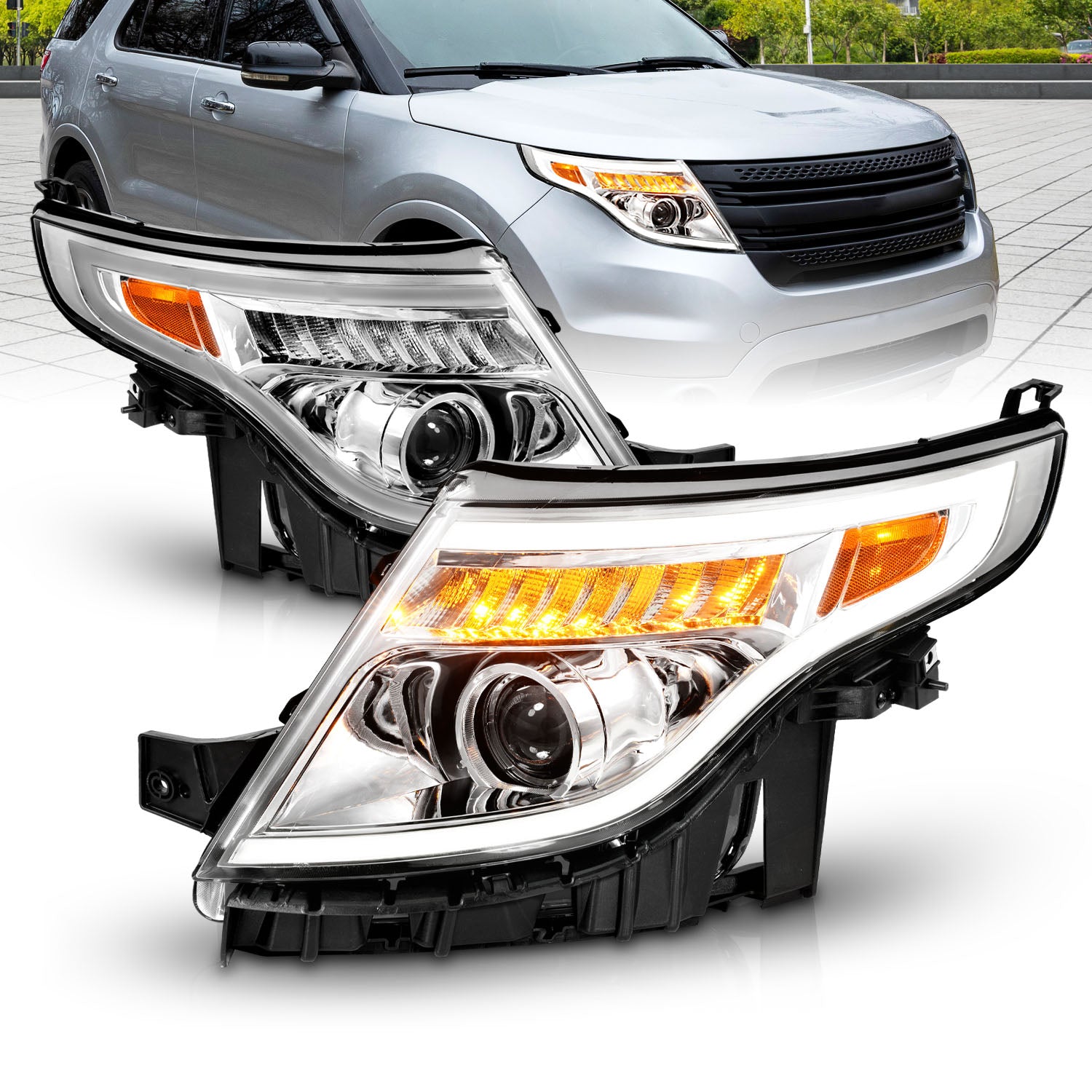 FORD EXPLORER 11-15 (13-15 BASE, XLT, LIMITED) PROJECTOR LIGHT BAR STYLE HEADLIGHTS CHROME AMBER
