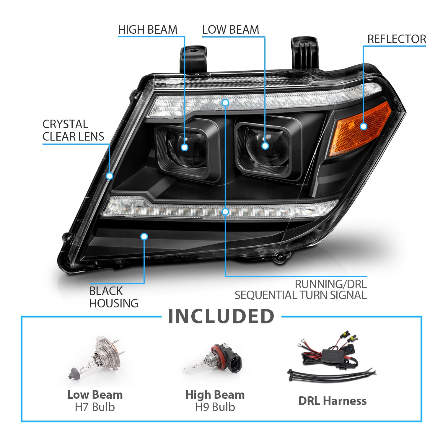 NISSAN FRONTIER 09-20 PROJECTOR LIGHT嚙瘡EADLIGHTS BLACK SEQUENTIAL LIGHT BAR (W/ DRL)