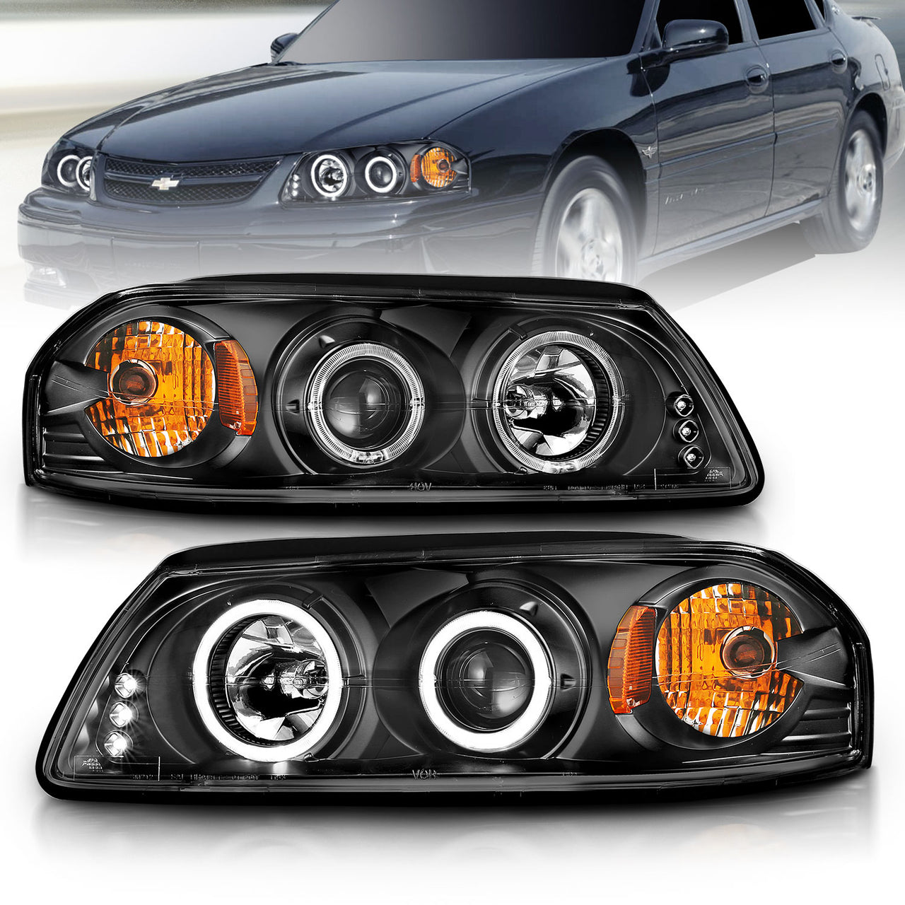 CHEVY IMPALA 00-05 PROJECTOR HEADLIGHTS HALO BLACK CLEAR AMBER
