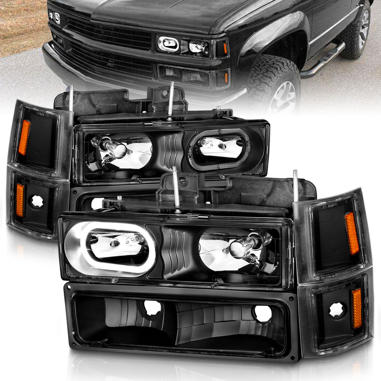 CHEVY CK / C10 /SILVERADO/ TAHOE / SUBURBAN/BLAZER 94-98 CRYSTAL HEADLIGHTS HALO BLACK HOUSING W/ SIGNAL & SIDE MARKERS AMBER (8PCS)