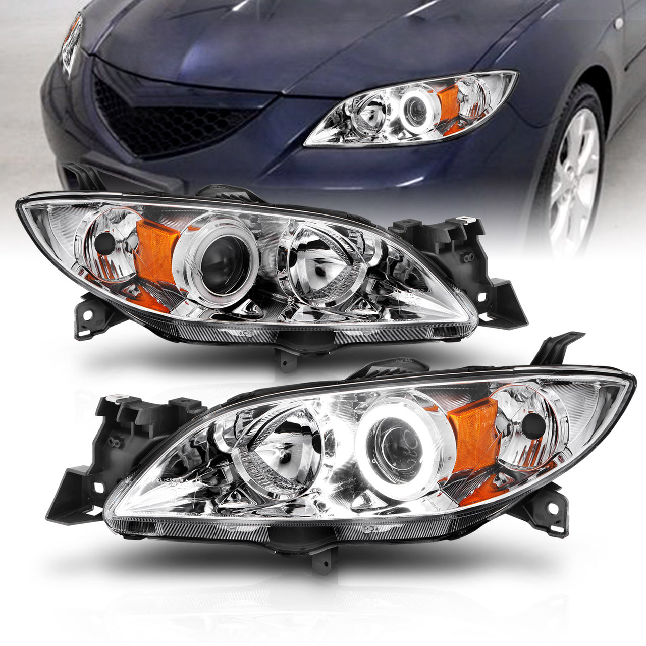 MAZDA 3 04-07 4DR PROJECTOR HEADLIGHTS HALO CHROME CLEAR AMBER (RX HALO)