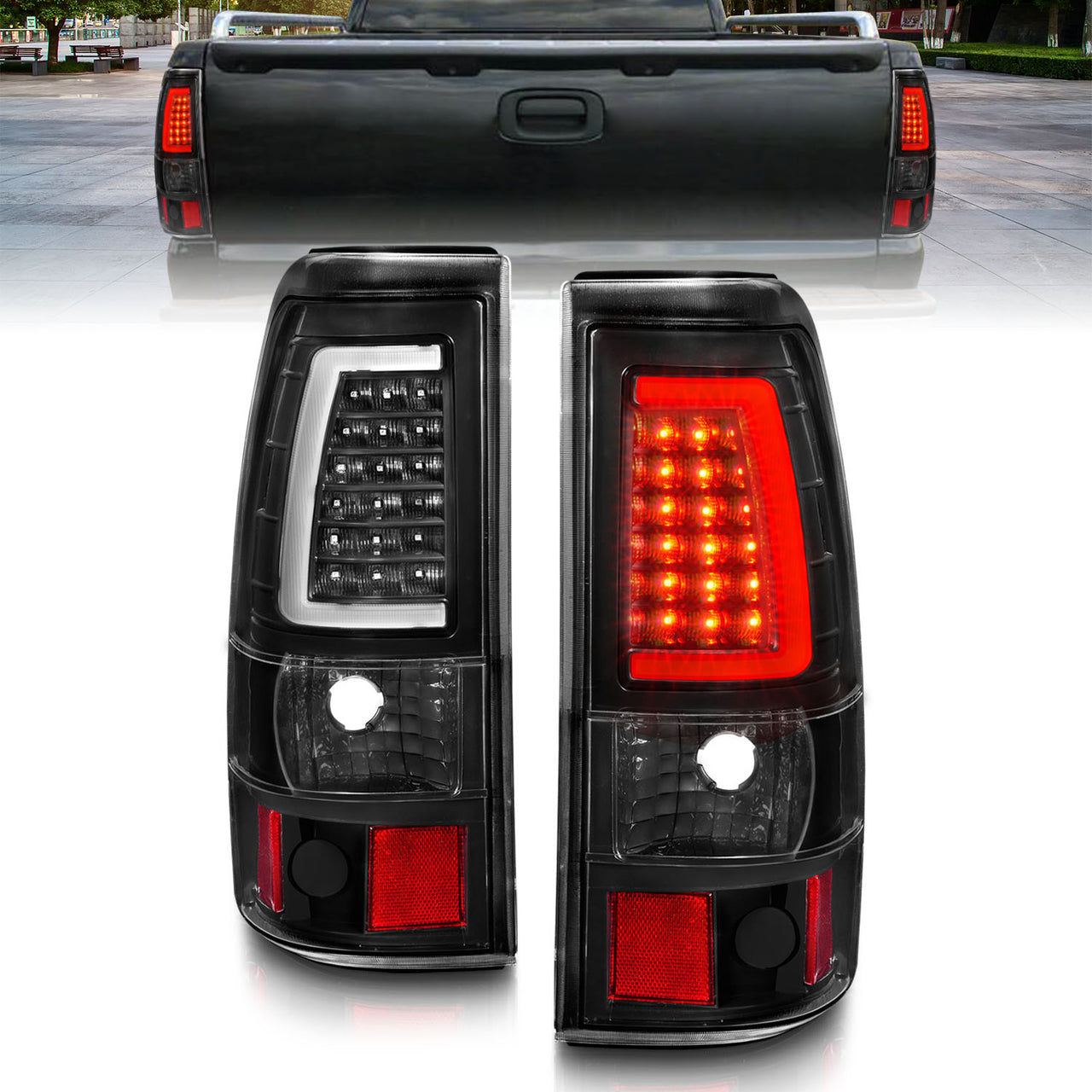 GMC SIERRA 99-07/CHEVY SILVERADO 99-03 (1500/2500 SERIES 99-02 & 3500 SERIES 2003) LED TAIL LIGHTS BLACK HOUSING CLEAR LENS  W/ C LIGHT BAR (3 HOLE)