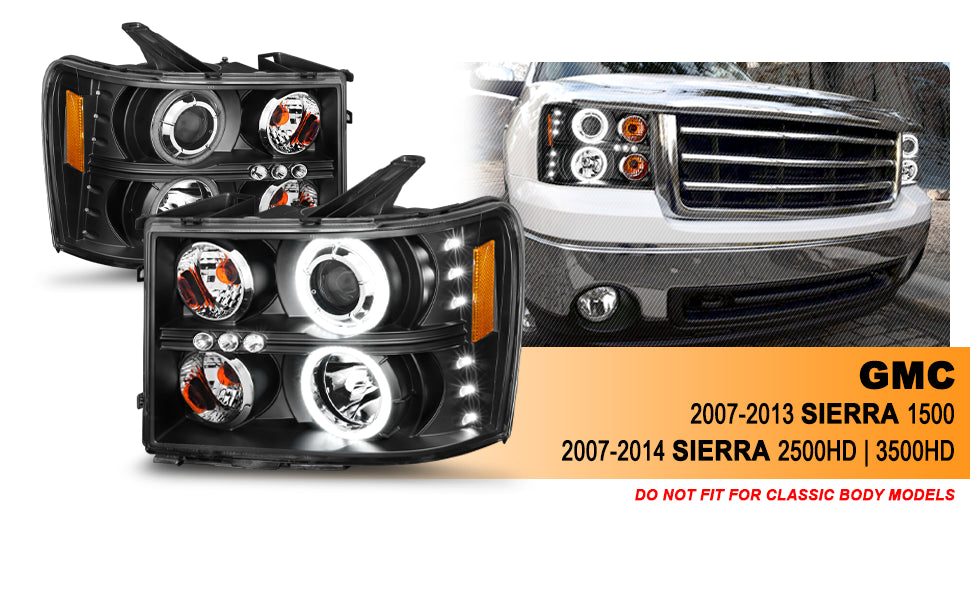 GMC SIERRA 07-13 PROJECTOR HEADLIGHTS HALO BLACK CLEAR AMBER (RX HALO)