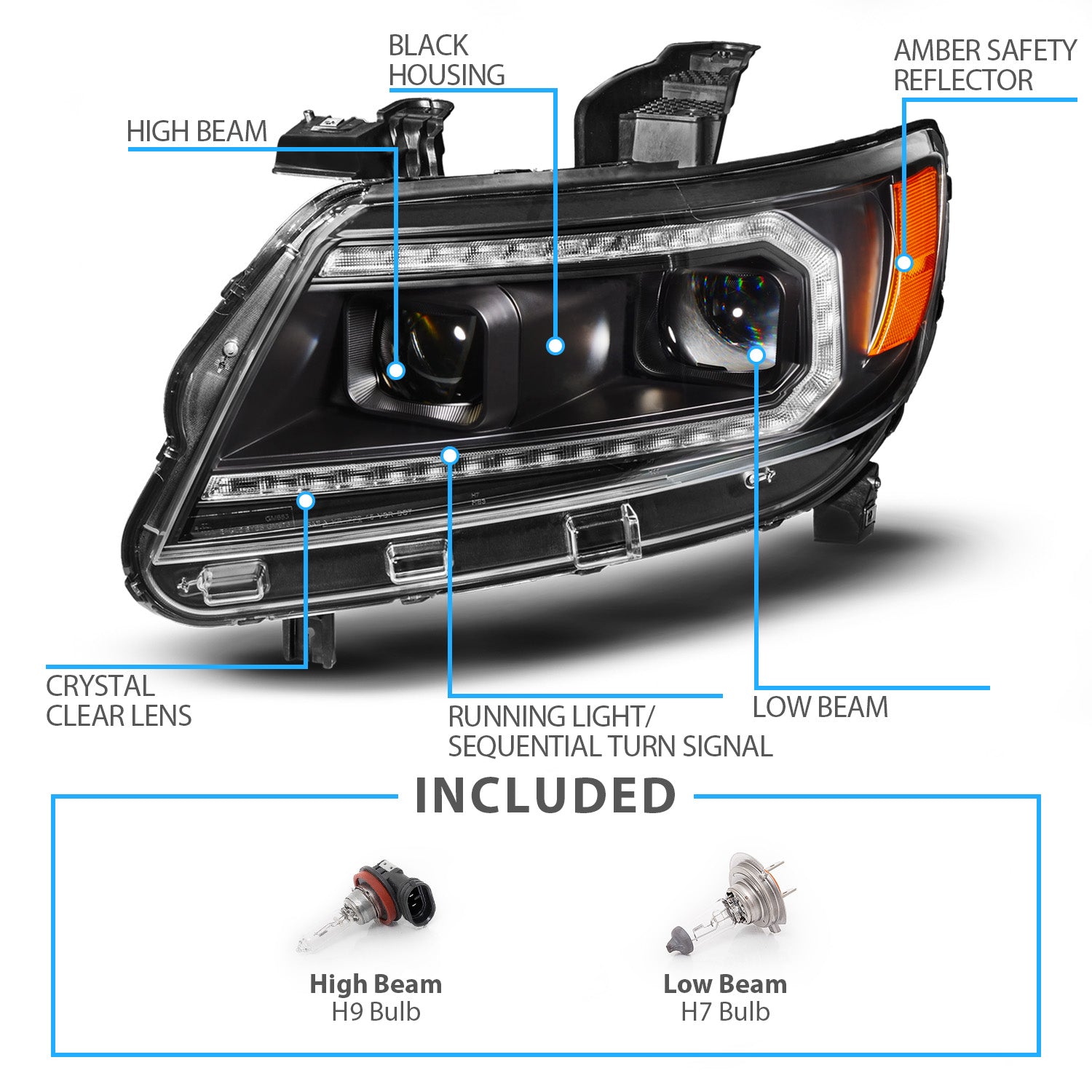 CHEVY COLORADO 15-22 PROJECTOR BLACK SWITCHBACK LIGHT BAR SEQUENTIAL SIGNAL