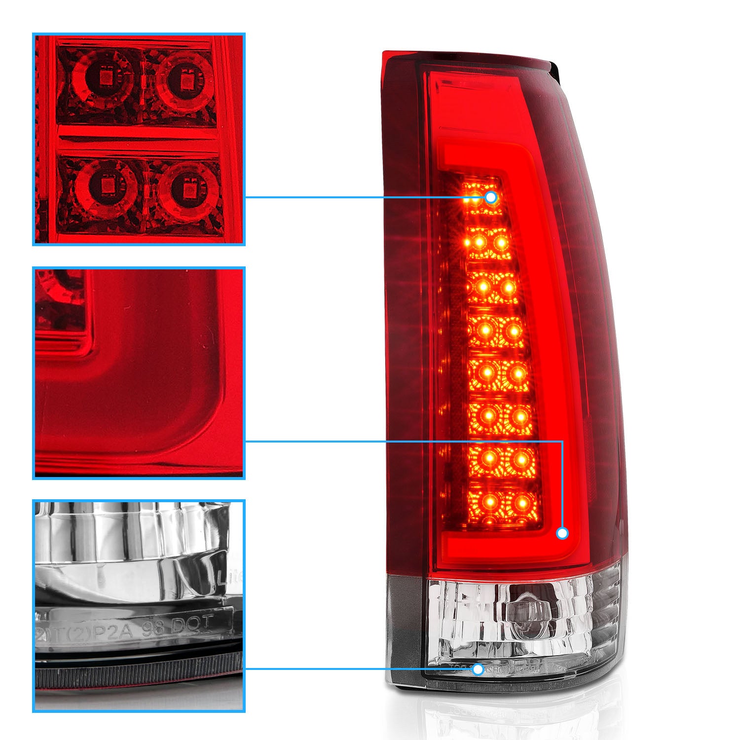 Chevy/GMC C/K 1500/2500/3500 88-99, SUBURBAN/YUKON 92-00, TAHOE 94-00, BLAZER 92-94, CADILLAC ESCALADE 99-00 LED C-BAR TAIL LIGHTS CHROME HOUSING RED/CLEAR LENS W/ C LIGHT BAR