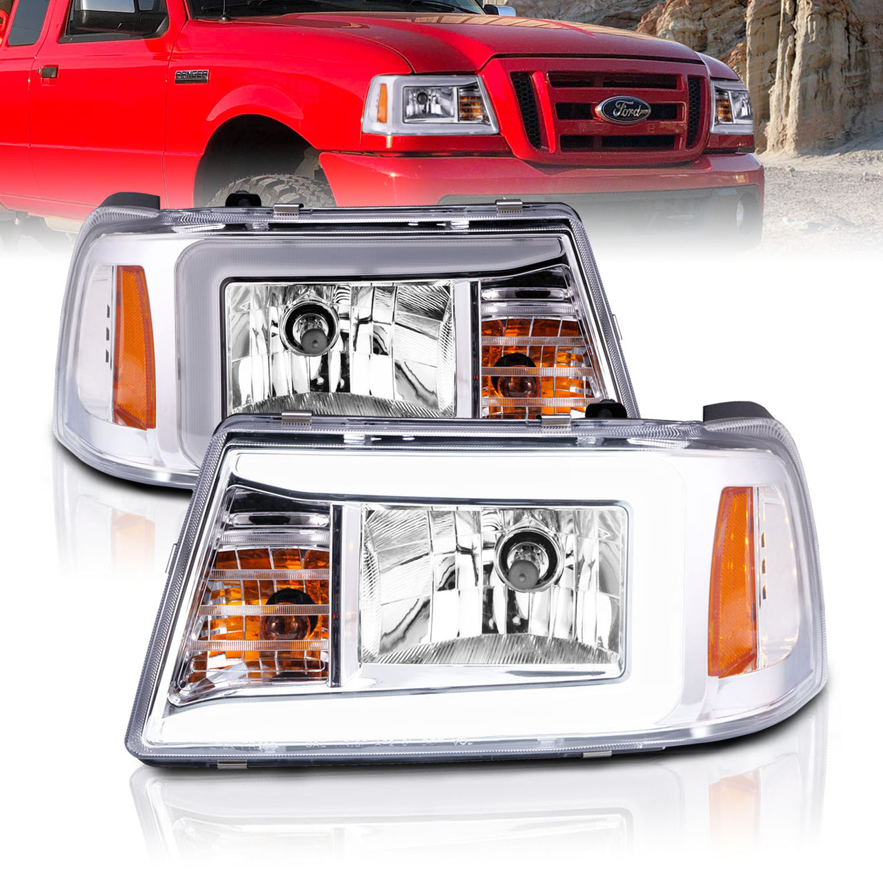 FORD RANGER 01-11 HEADLIGHTS CHROME AMBER  (W/ C LIGHT BAR)