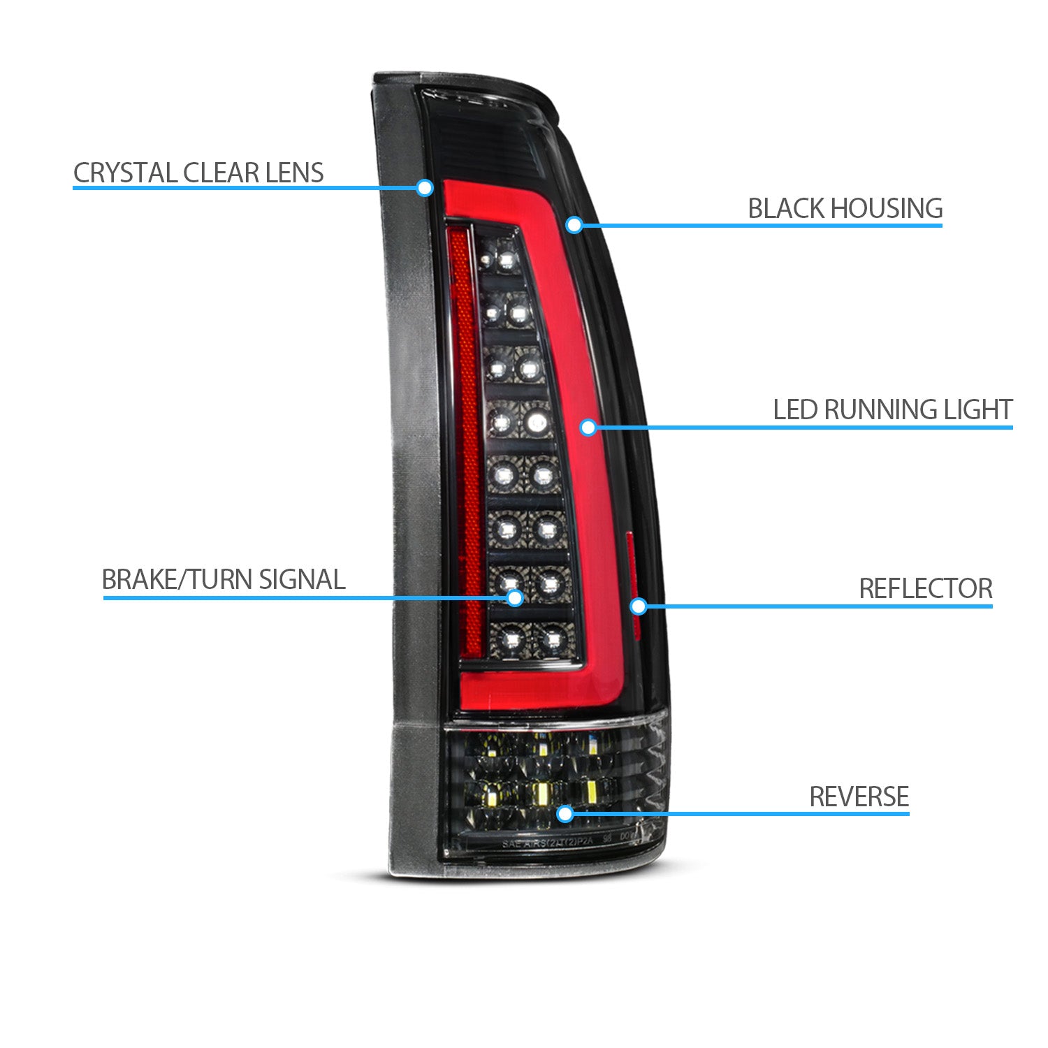 CHEVY /GMC C/K 1500/2500/3500 88-99, SUBURBAN/YUKON 92-00, TAHOE 94-00, BLAZER 92-94, CADILLAC ESCALADE 99-00 LED TAIL LIGHTS BLACK HOUSING CLEAR LENS (SEQUENTIAL SIGNAL)