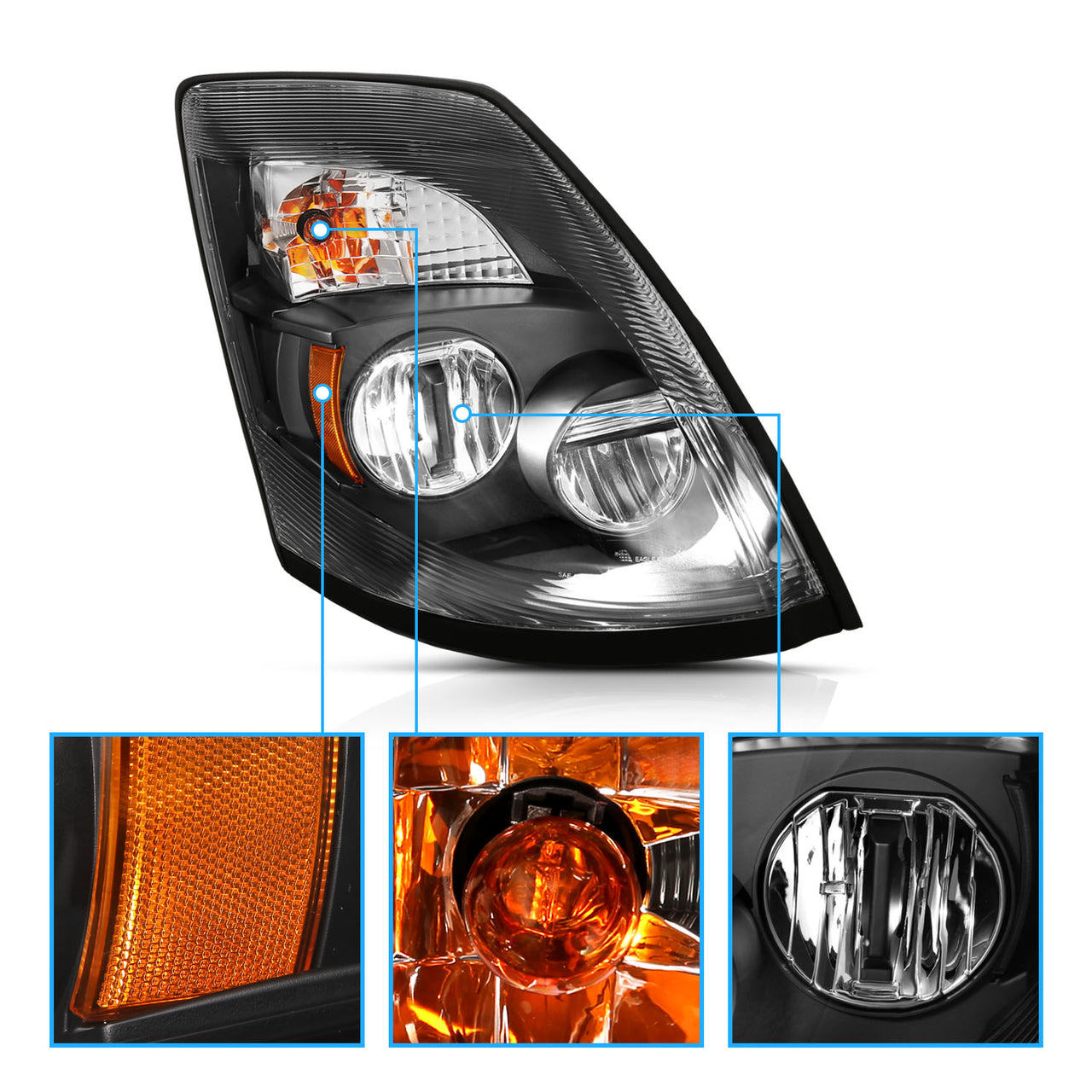 VOLVO VNX/VLN  15-16  LED H.L BLACK AMBER  (RIGHT) (VNX 300,430, 630/VNL 300,430,630,670,730,780)