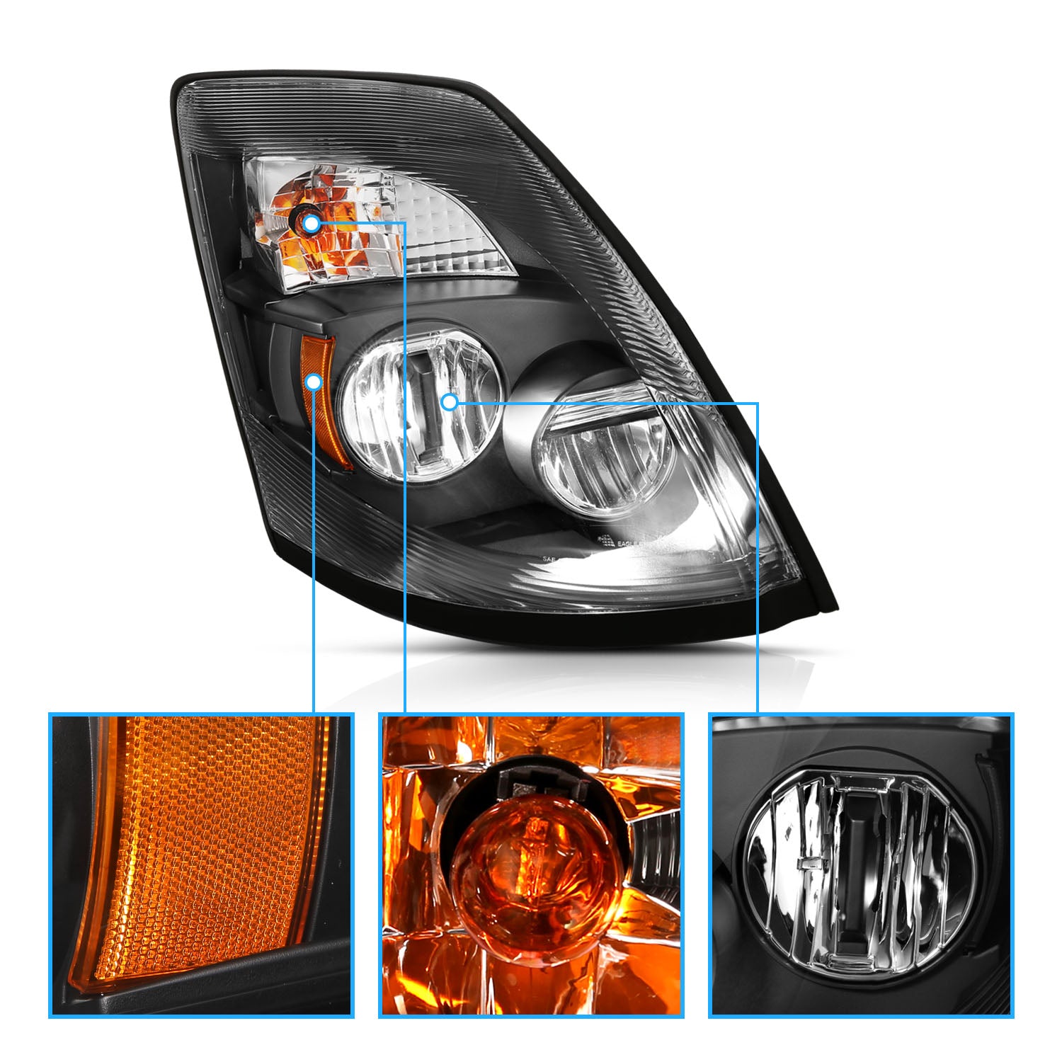 VOLVO VNX/VLN  15-16  LED H.L BLACK AMBER  (RIGHT) (VNX 300,430, 630/VNL 300,430,630,670,730,780)