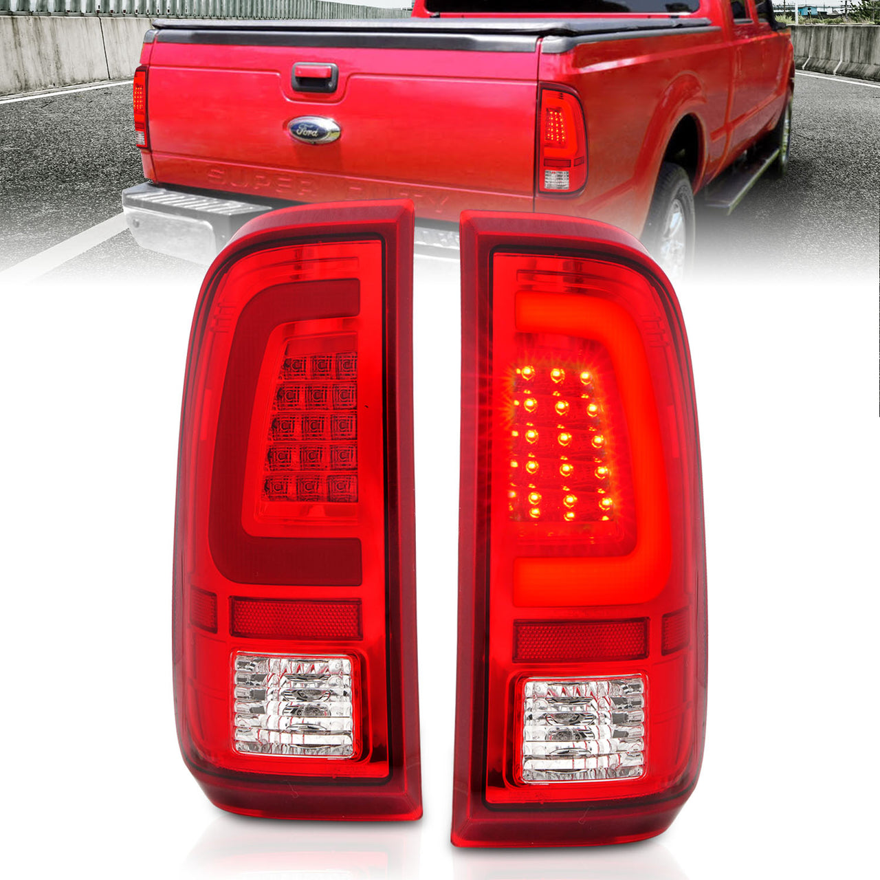 FORD F-250/SUPER DUTY 08-16 LED TAIL LIGHTS RED/CLEAR W/ C LIGHTS BAR