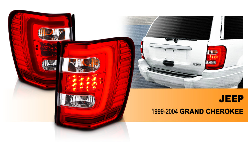 JEEP GRAND CHEROKEE 99-04 LED TAIL LIGHTS RED/CLEAR W/ C LIGHT BAR