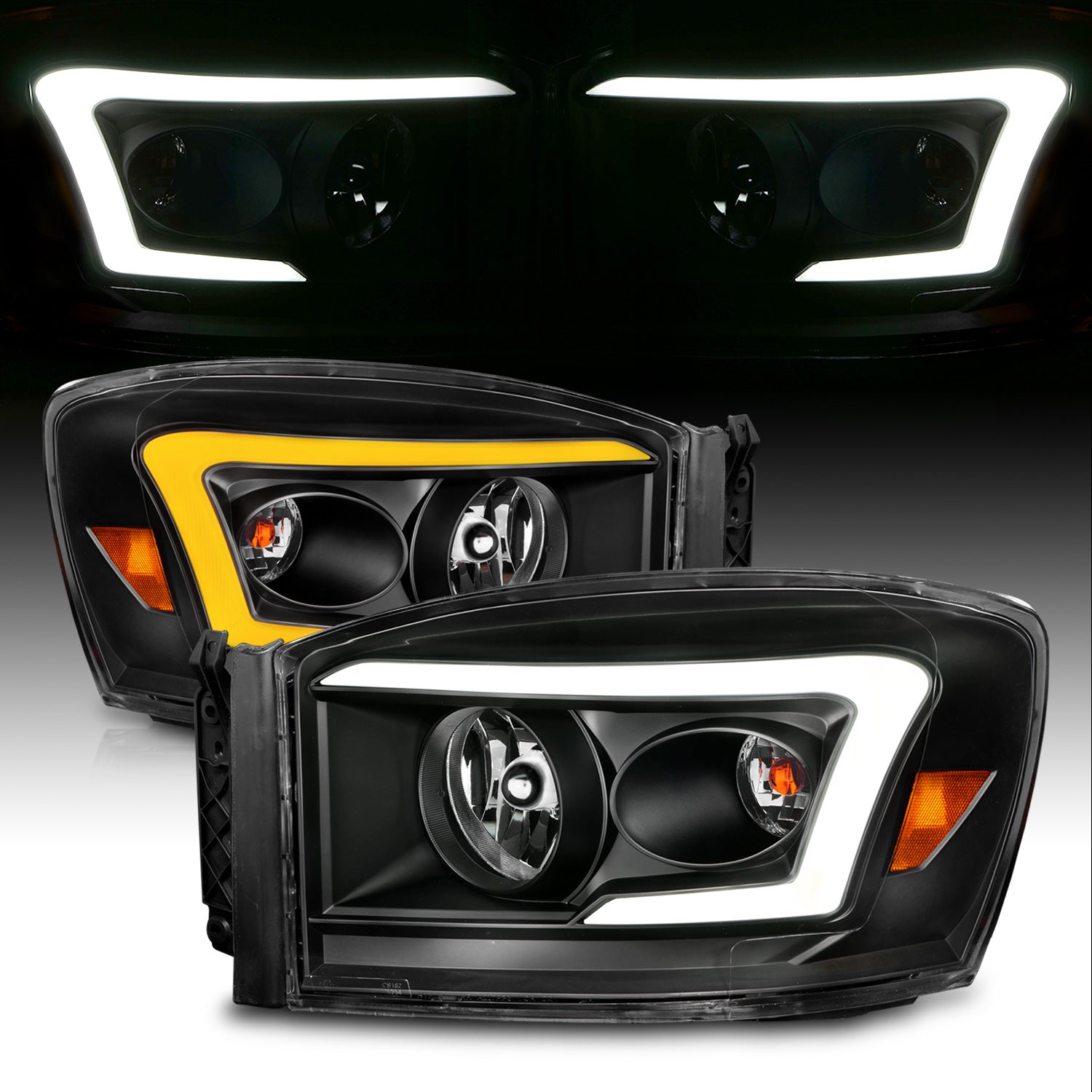 DODGE RAM 1500 06-08/ 2500/3500 06-09   SWITCHBACK HEADLIGHTS BLACK AMBER (W/ C LIGHT BAR)