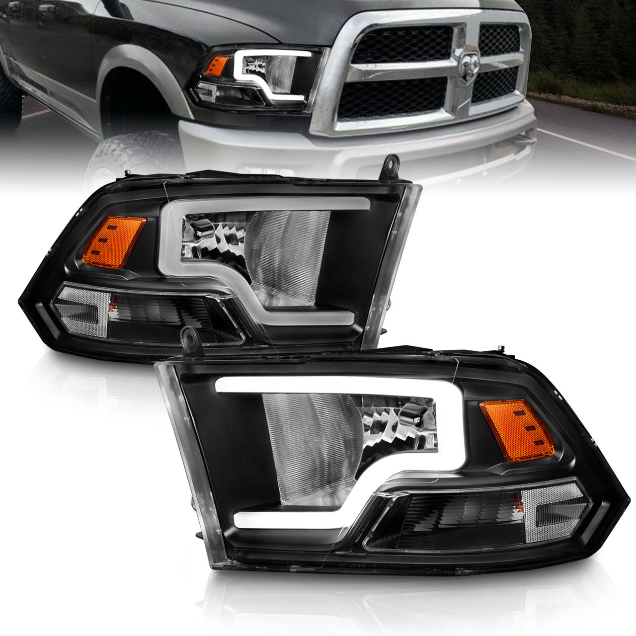 DODGE RAM 09-20 LIGHT BAR STYLE HEADLIGHTS BLACK HOUSING G2 AMBER  (HALOGEN TYPE)
