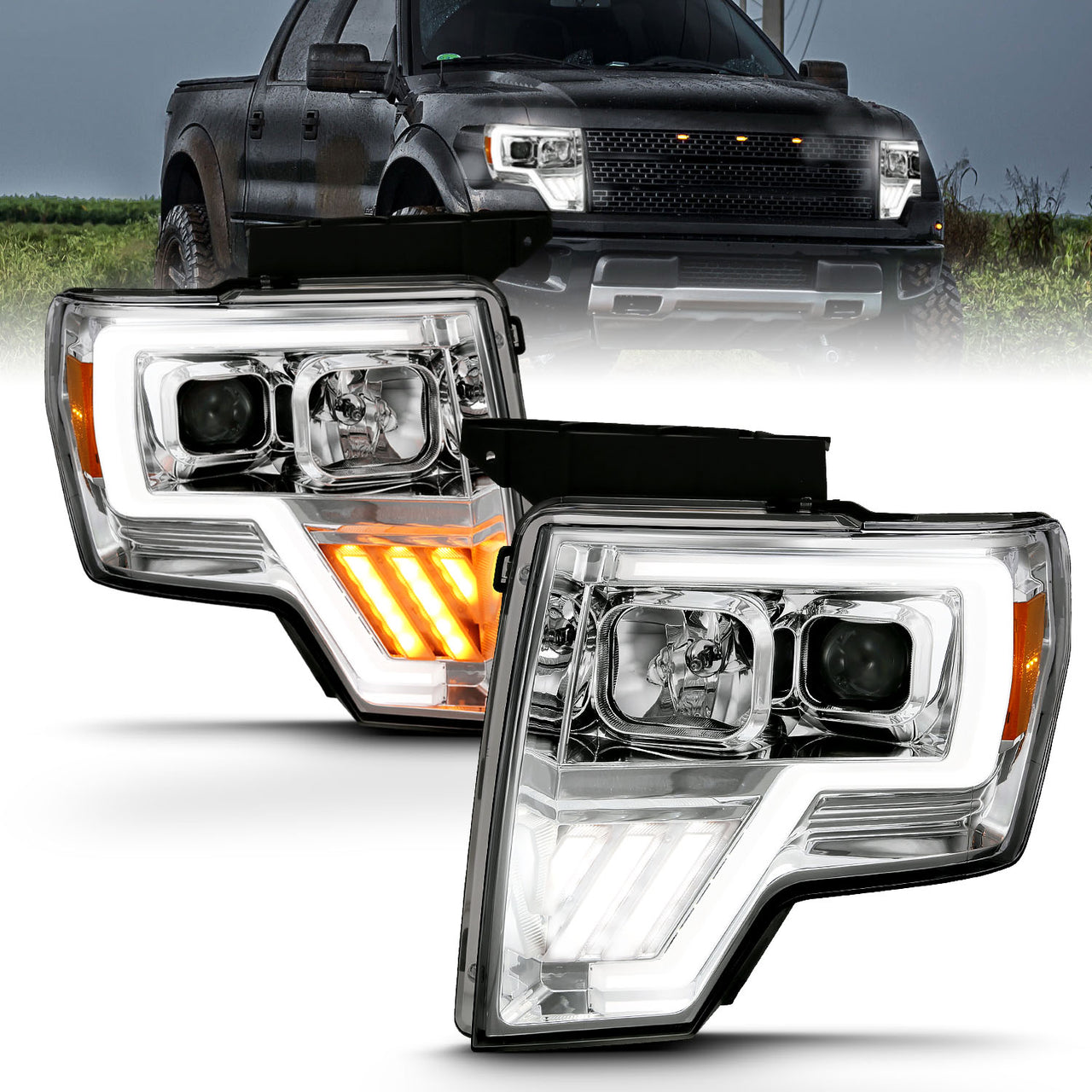 FORD F-150 09-13 PROJECTOR LIGHT BAR STYLE SWITCHBACK HEADLIGHTS G4 CHROME AMBER