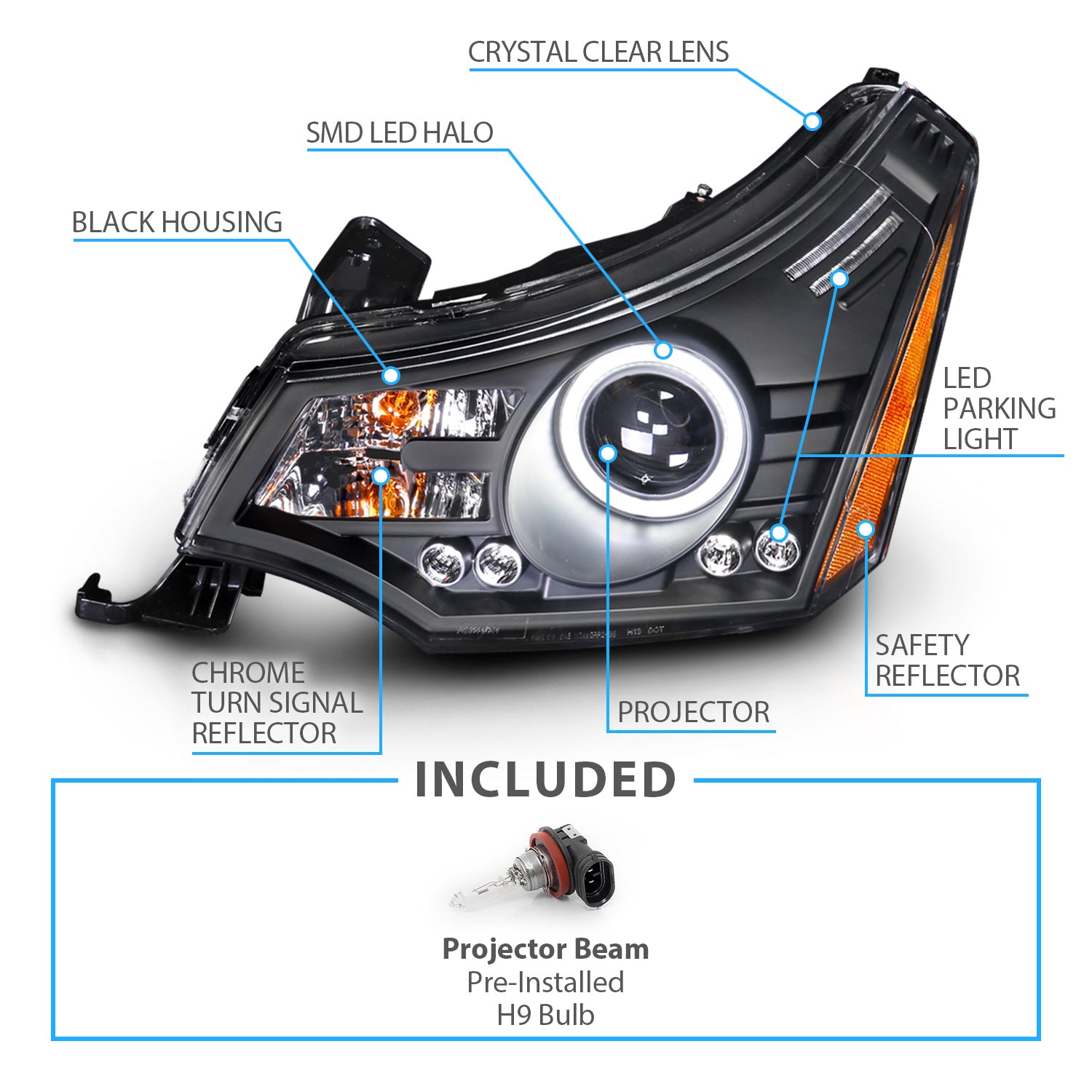 FORD FOCUS 08-11 PROJECTOR HEADLIGHTS BLACK CLEAR (RX HALO)