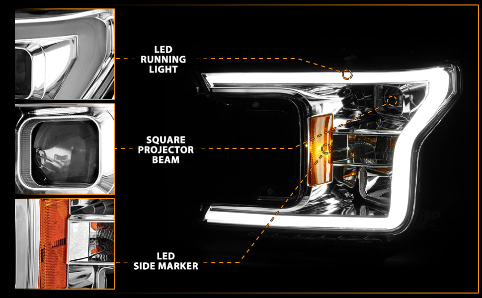 FORD F-150 18-20 PROJECTOR LIGHT BAR STYLE HEADLIGHTS CHROME AMBER