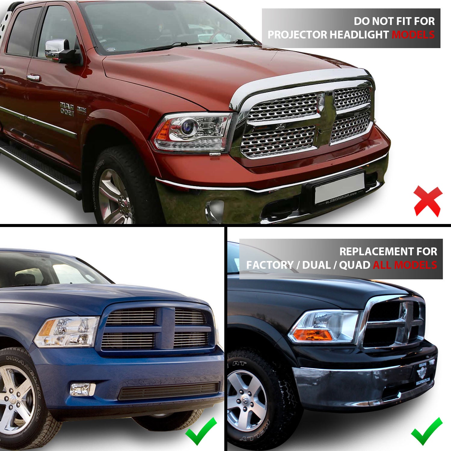 DODGE RAM 09-20 LIGHT BAR STYLE HEADLIGHTS CHROME HOUSING G2 AMBER (HALOGEN TYPE)