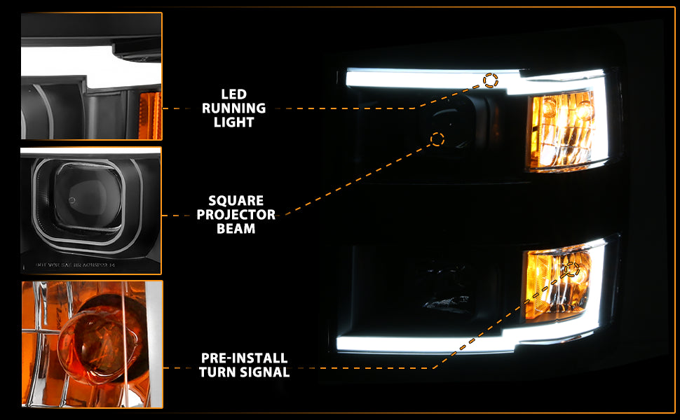 CHEVY SILVERADO 14 PROJECTOR LIGHT BAR STYLE HEADLIGHTS BLACK AMBER