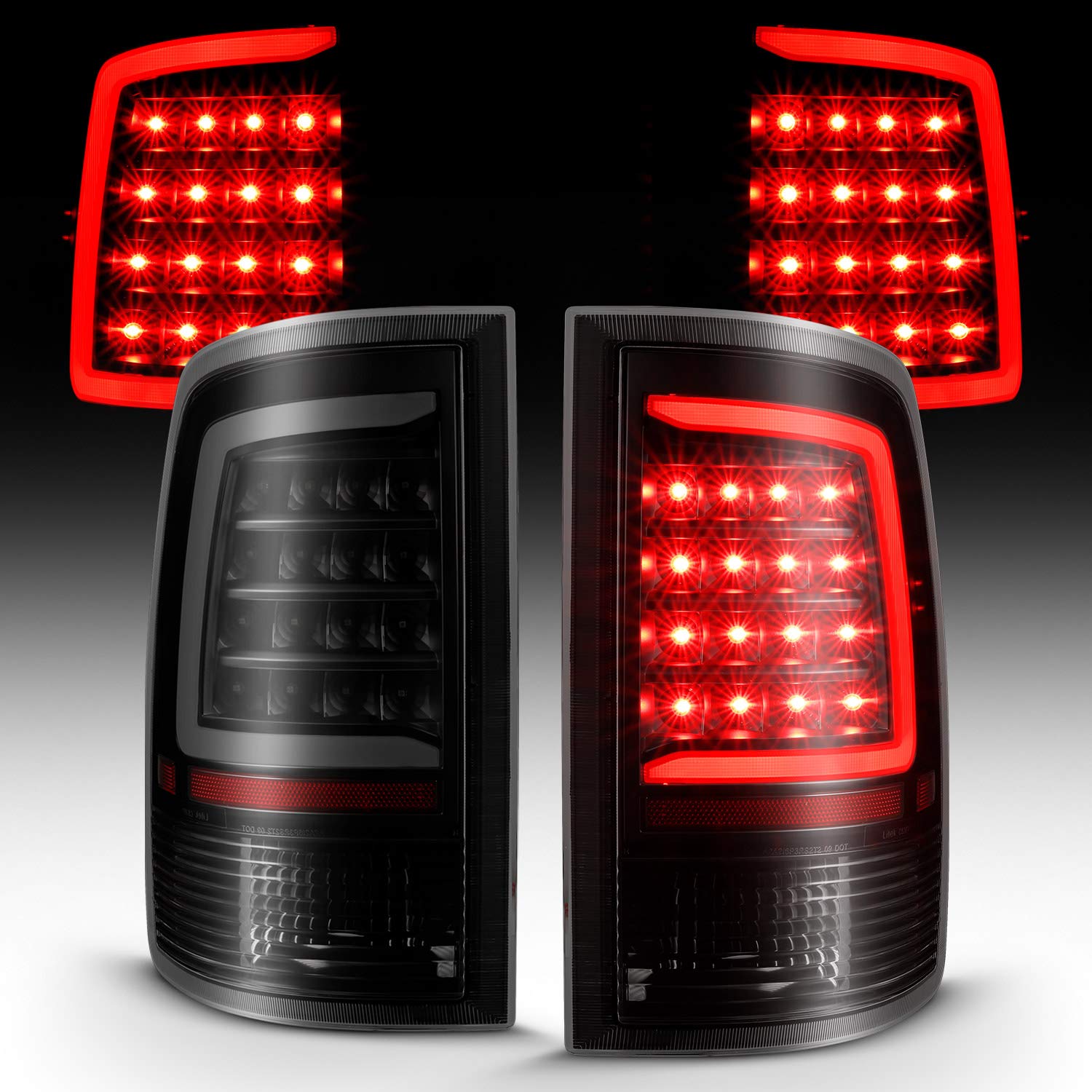 DODGE RAM 1500 09-18/ 2500 3500 10-18 LED TAIL LIGHTS BLACK HOUSING SMOKE LENS W/ C LIGHT BAR (NOT COMPATIBLE W/ ORIGINAL LED VERSION)