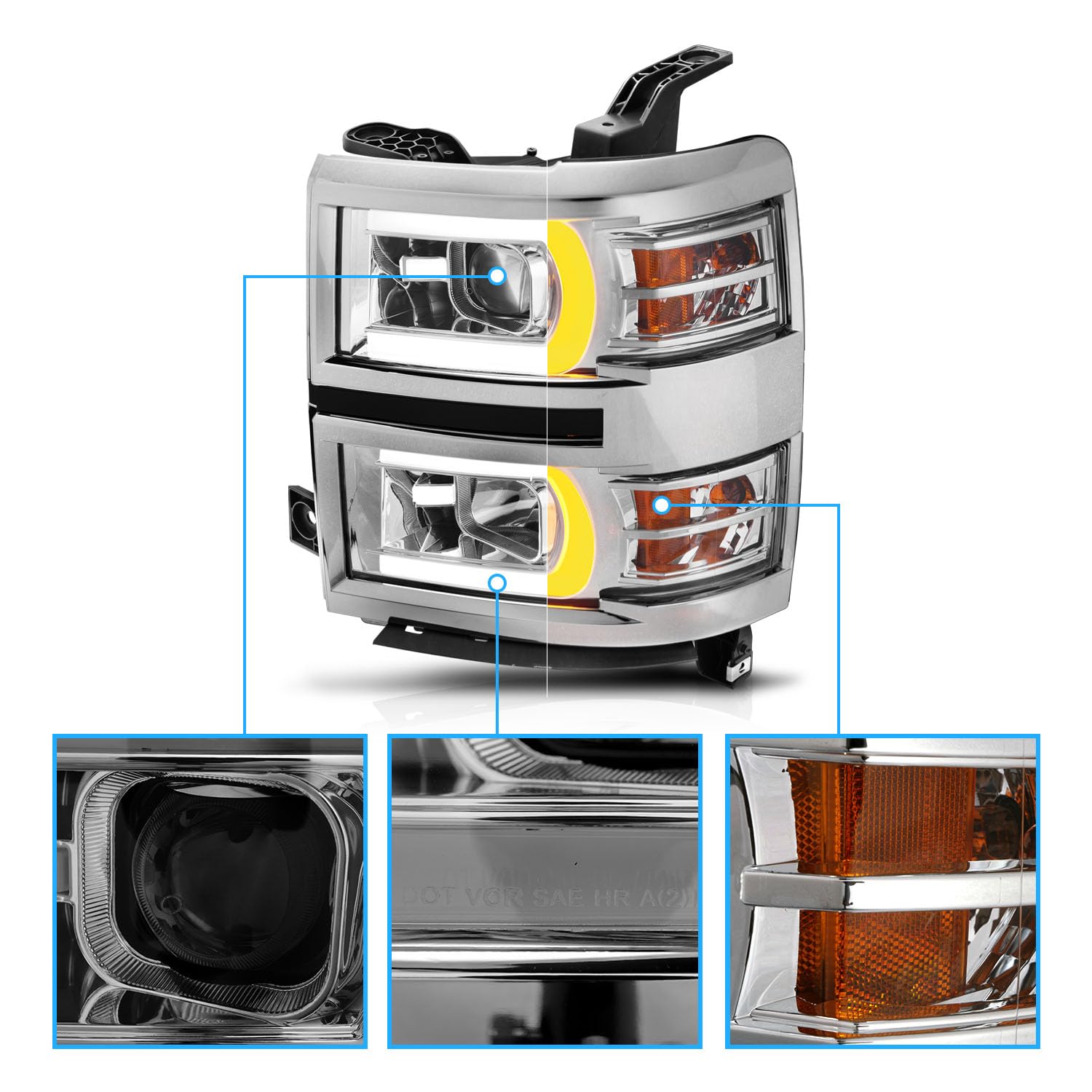 CHEVY SILVERADO 14-15 PROJECTOR SWITCHBACK HEADLIGHTS CHROME AMBER