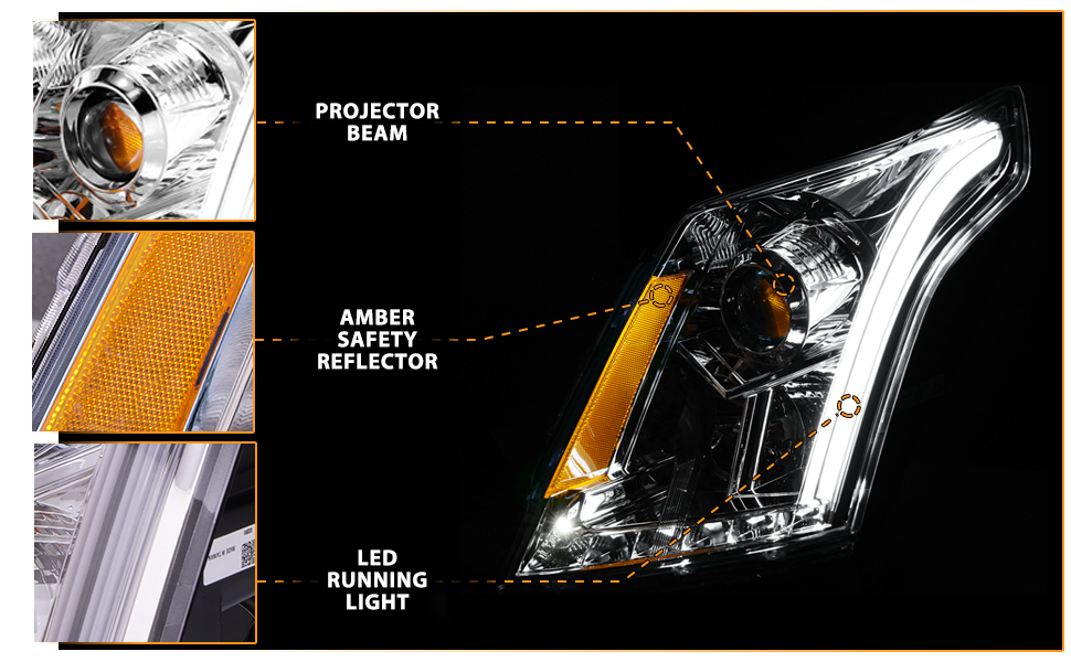 CADILLAC SRX 10-12 PROJECTOR LIGHT BAR STYLE HEADLIGHTS CHROME CLEAR AMBER