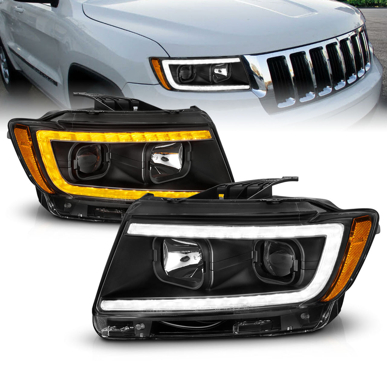 JEEP GRAND CHEROKEE 11-13 PROJECTOR SWITCHBACK HEADLIGHTS BLACK AMBER (W/ C LIGHT BAR)