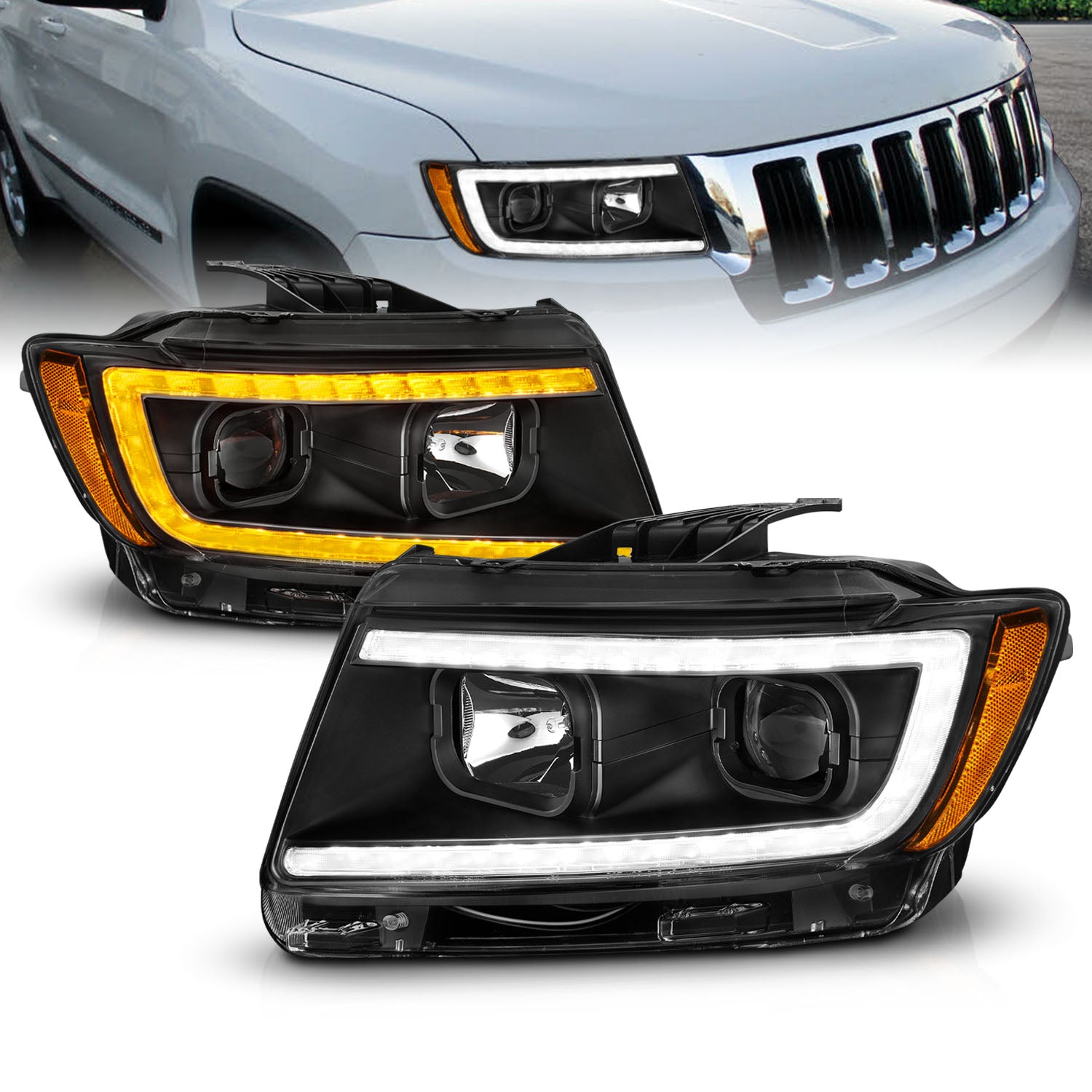 JEEP GRAND CHEROKEE 11-13 PROJECTOR SWITCHBACK HEADLIGHTS BLACK AMBER (W/ C LIGHT BAR)