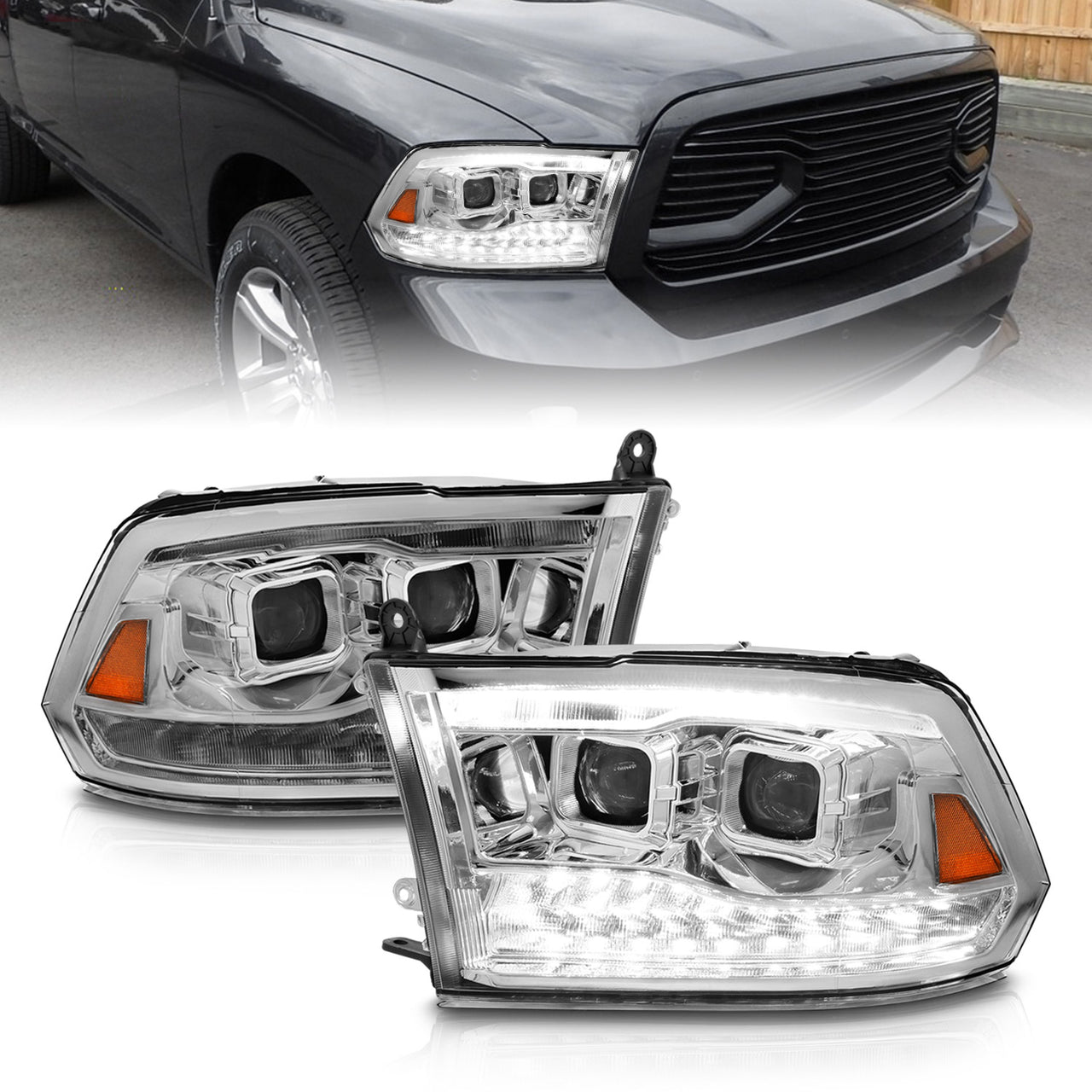 DODGE RAM R1500 09-18/10-12 R2500/R3500 (CODE LMA) (W/O QUAD LAMP) DG RAM SPORT 13-18 PROJECTOR SWITCHBACK HEADLIGHTS CHROME AMBER