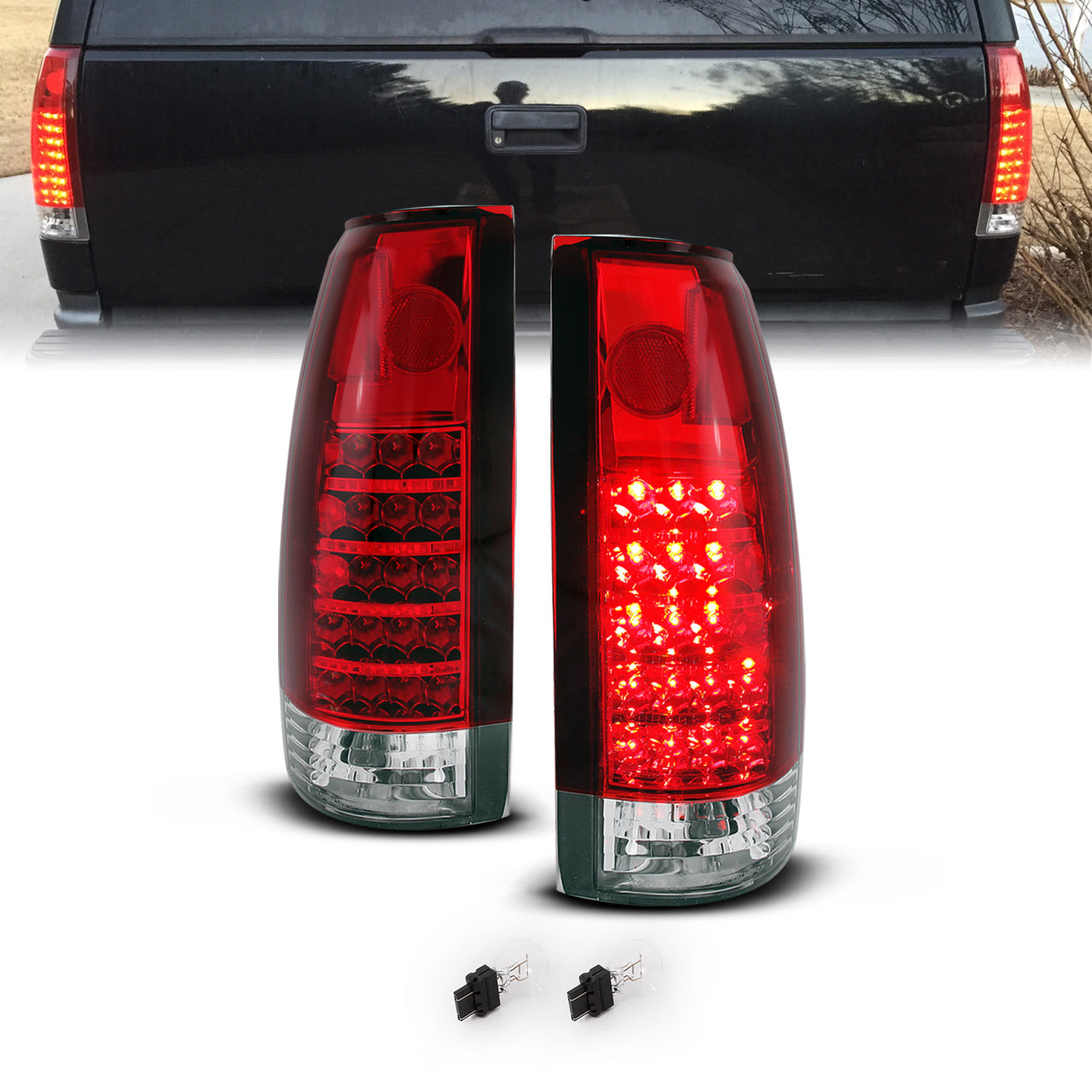 CHEVY /GMC C/K 1500/2500/3500 88-99, SUBURBAN/YUKON 92-00, TAHOE 94-00, BLAZER 92-94, CADILLAC ESCALADE 99-00 LED TAIL LIGHTS CHROME HOUSING RED/CLEAR LENS